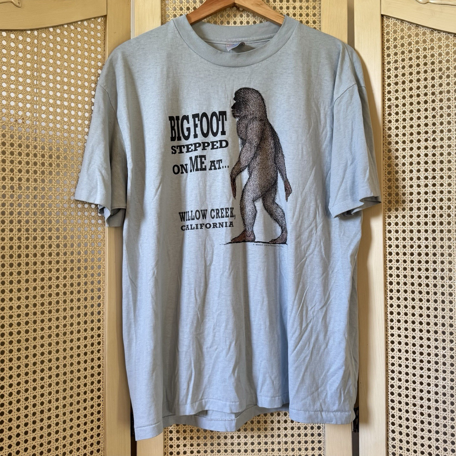 Vintage ‘91 Hanes Bigfoot Stepped On Me Willow Creek CA Graphic Tee Blue, XL