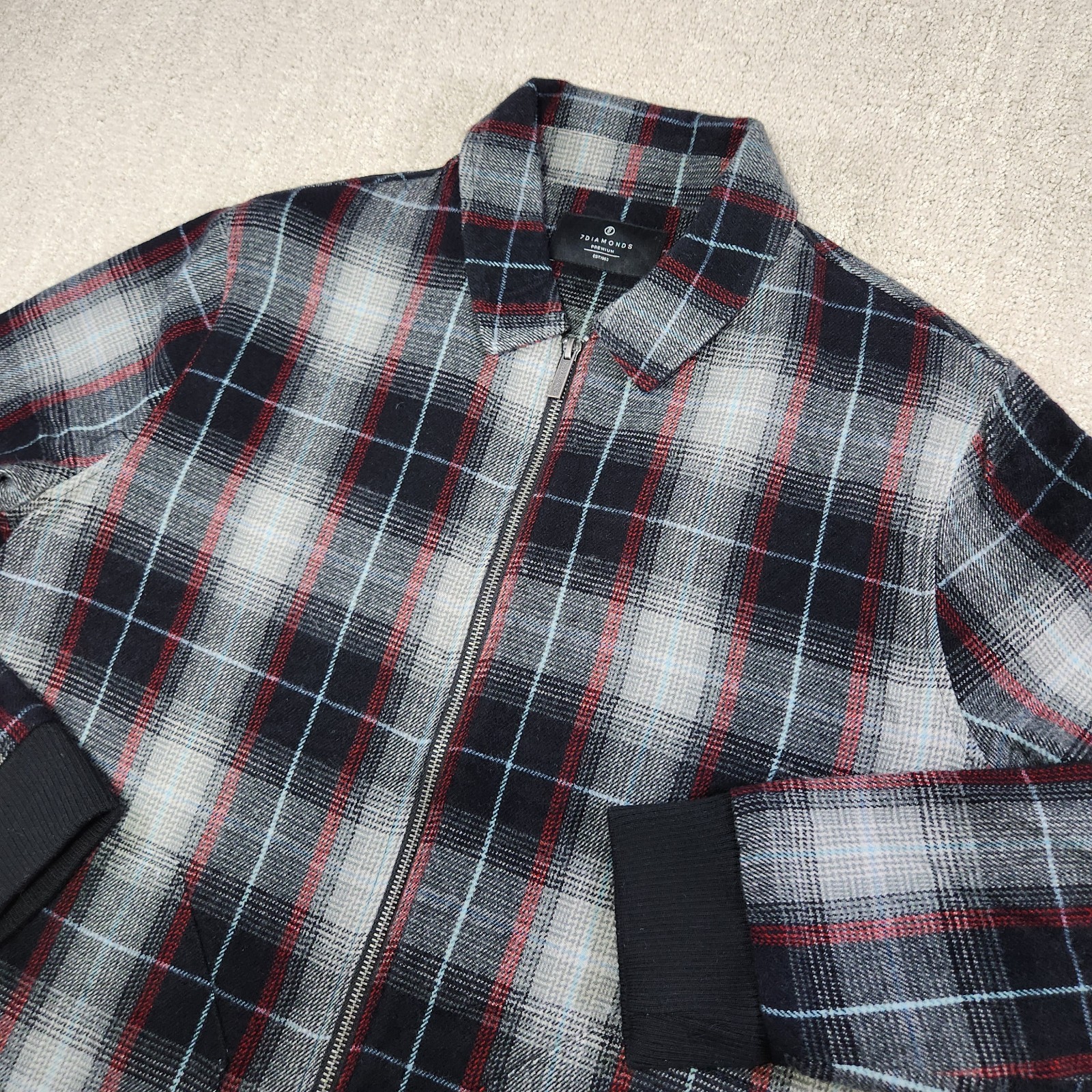 7 Diamonds Wesley Jacket Men Medium Wool Blend Windowpane Plaid Bomber Full Zip
