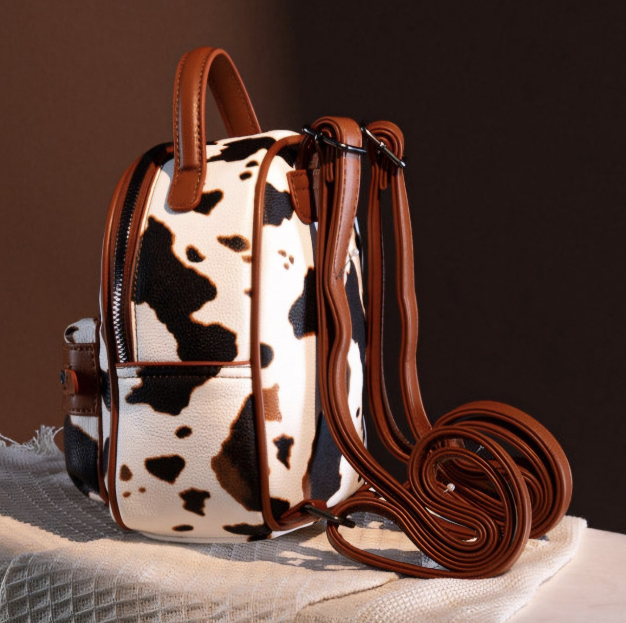 Wrangler Cow Print Mini Backpack Brown Black White Zip Adjustable Strap Pouch