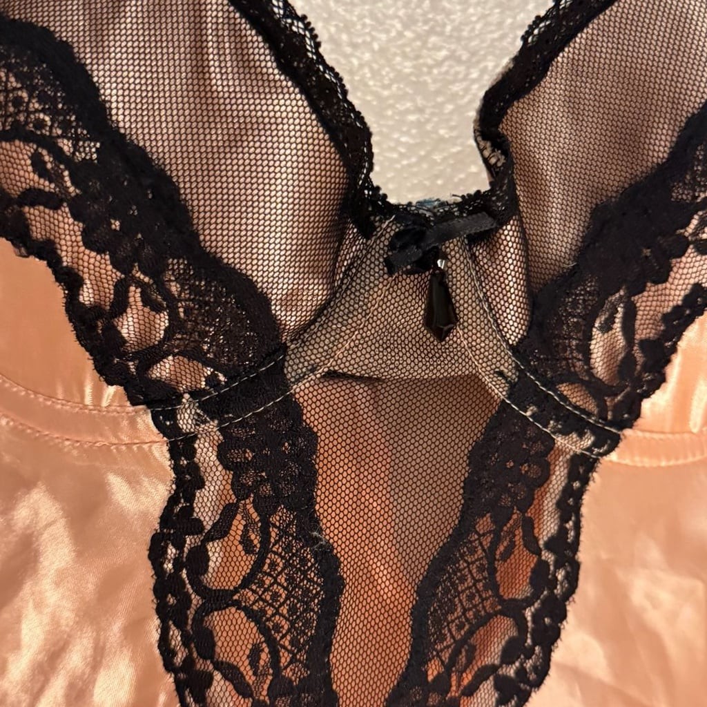 California Dynasty Pink Satin and Black Lace Cupped Babydoll Lingerie