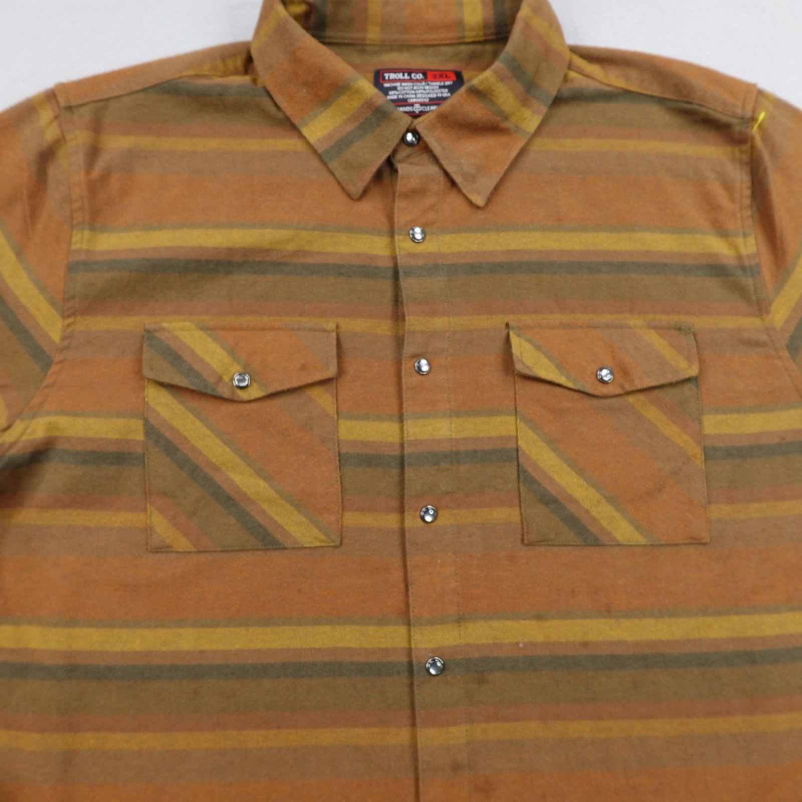 TROLL CO Shirt Mens 2XL XXL Brown Striped Flannel Pearl Snap Up Work Utility