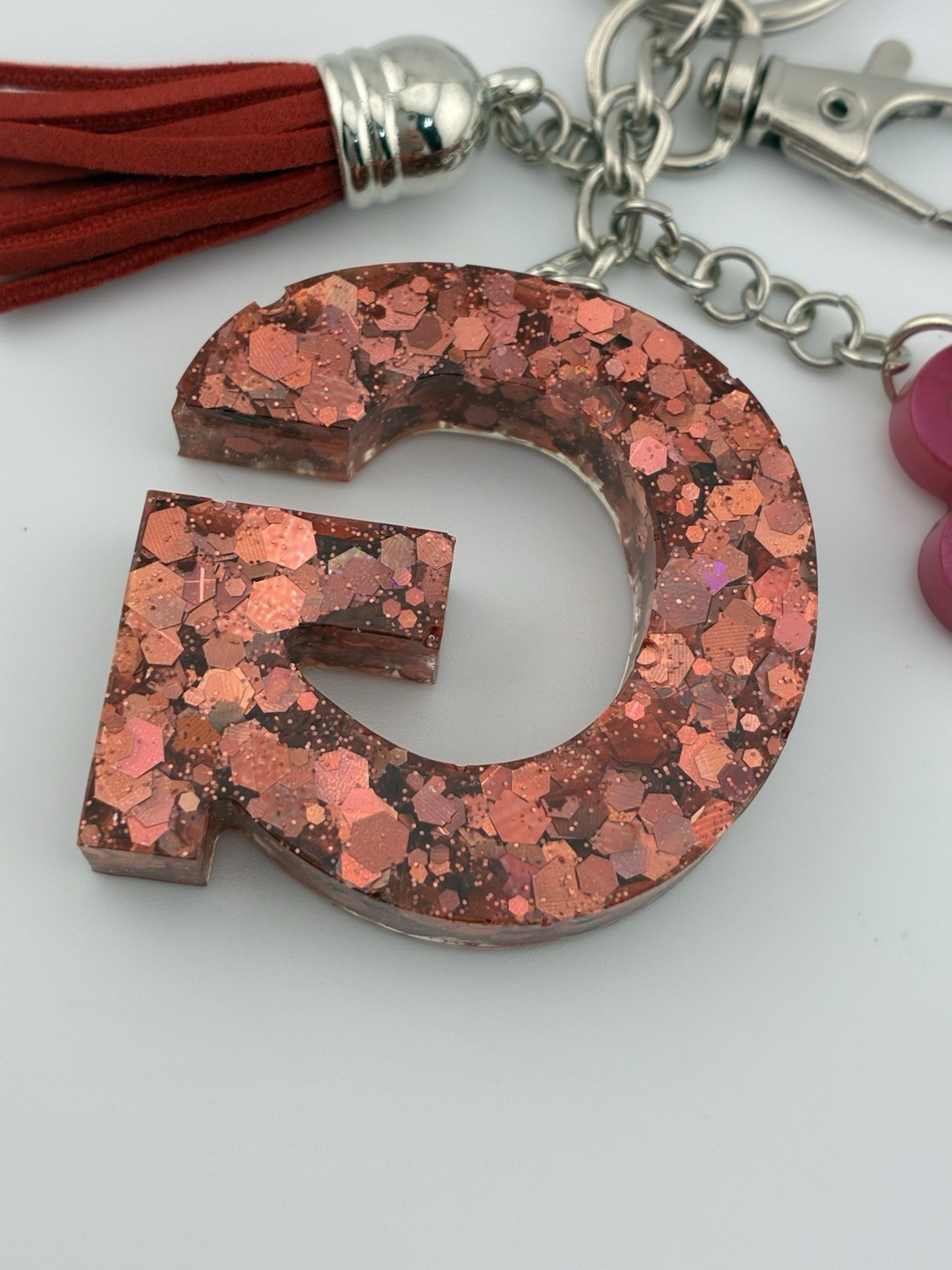 Handmade Epoxy Resin Letter G Keychain Rose Gold Glitter Heart Tassel New