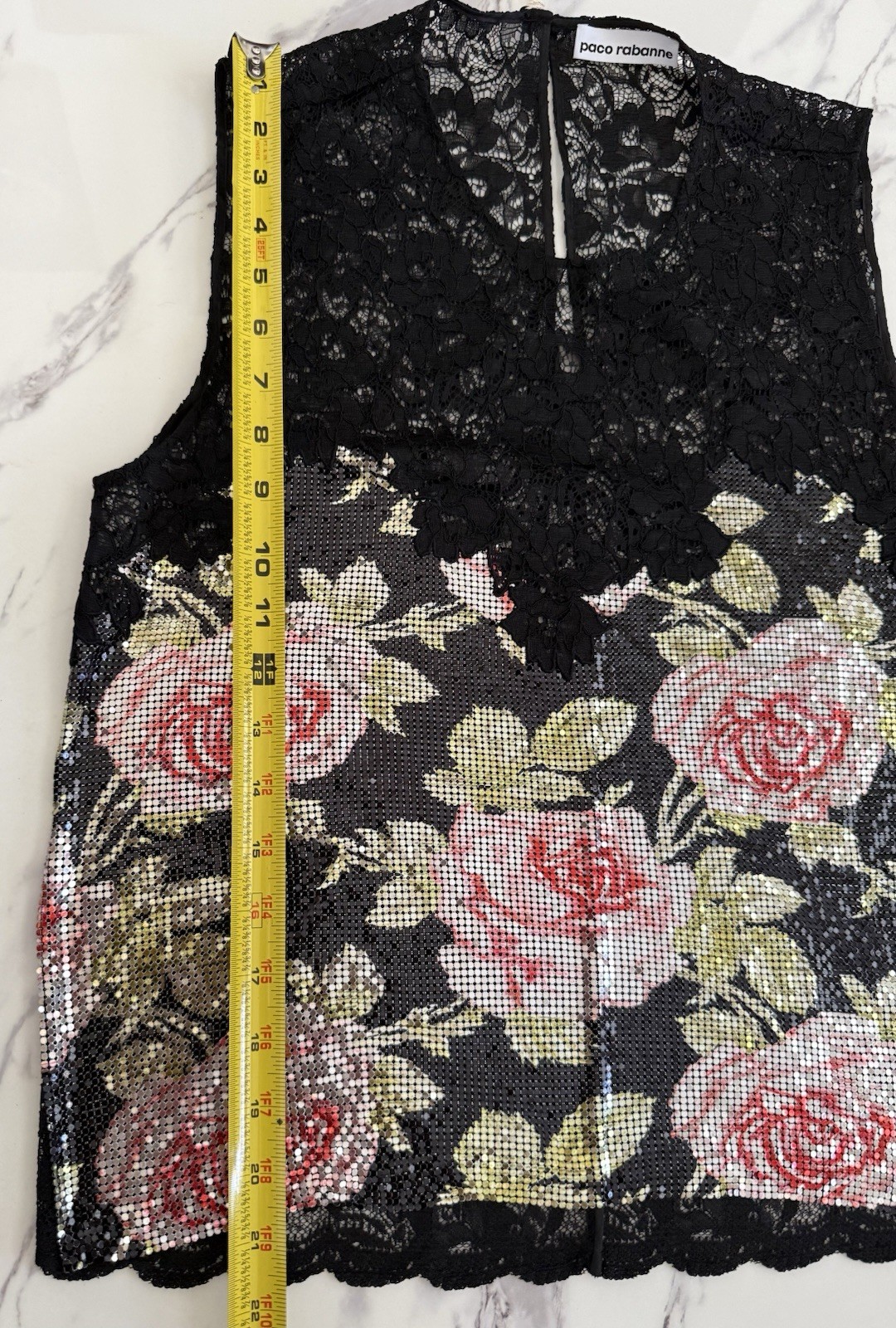Paco Rabanne Floral-print Chainmail & Corded Black Lace Top Blouse Sz 38 FR/6 US