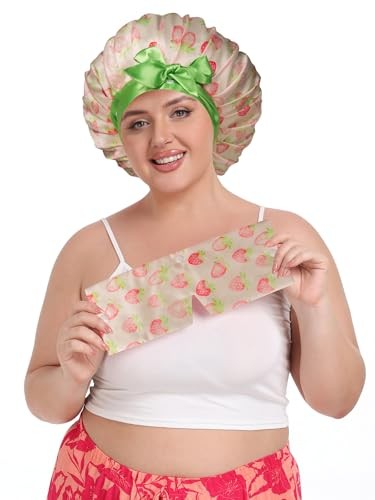 Pleated Silk Sleeping Bonnet with Eye Mask Double Layer Pink Green Strawberries