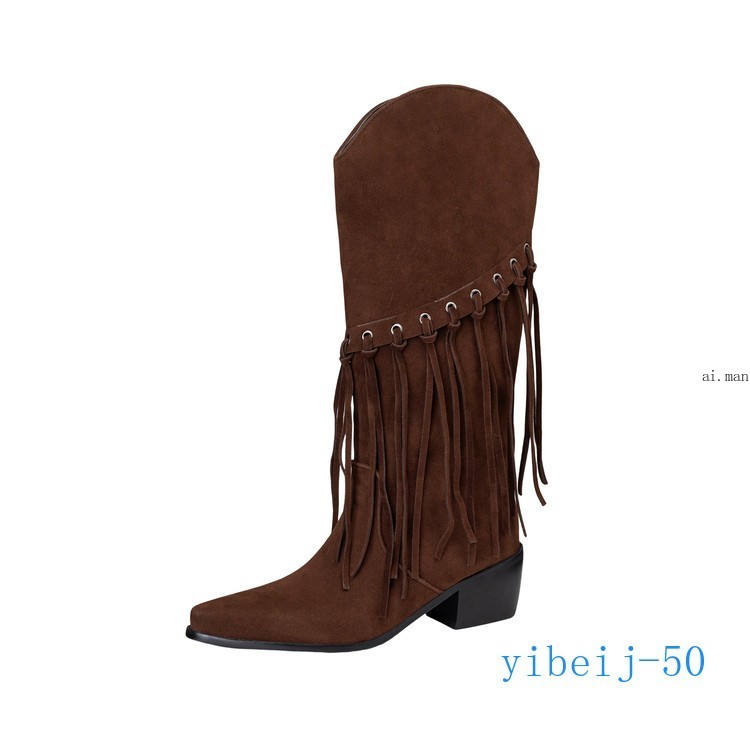 Women Tassel Mid Calf Boot Velvet Western Cowgirl Shoes Dress Formal Fall Winter