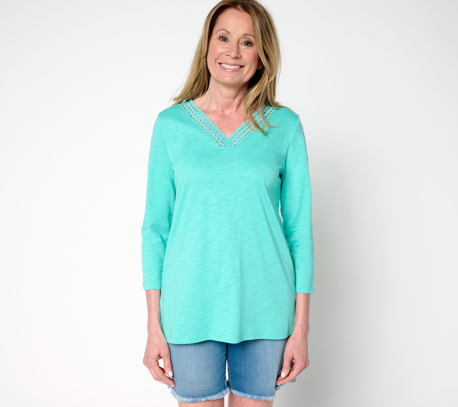 Belle by Kim Gravel Slub Knit Braided Beauty V Neck Top Pool Blue L New