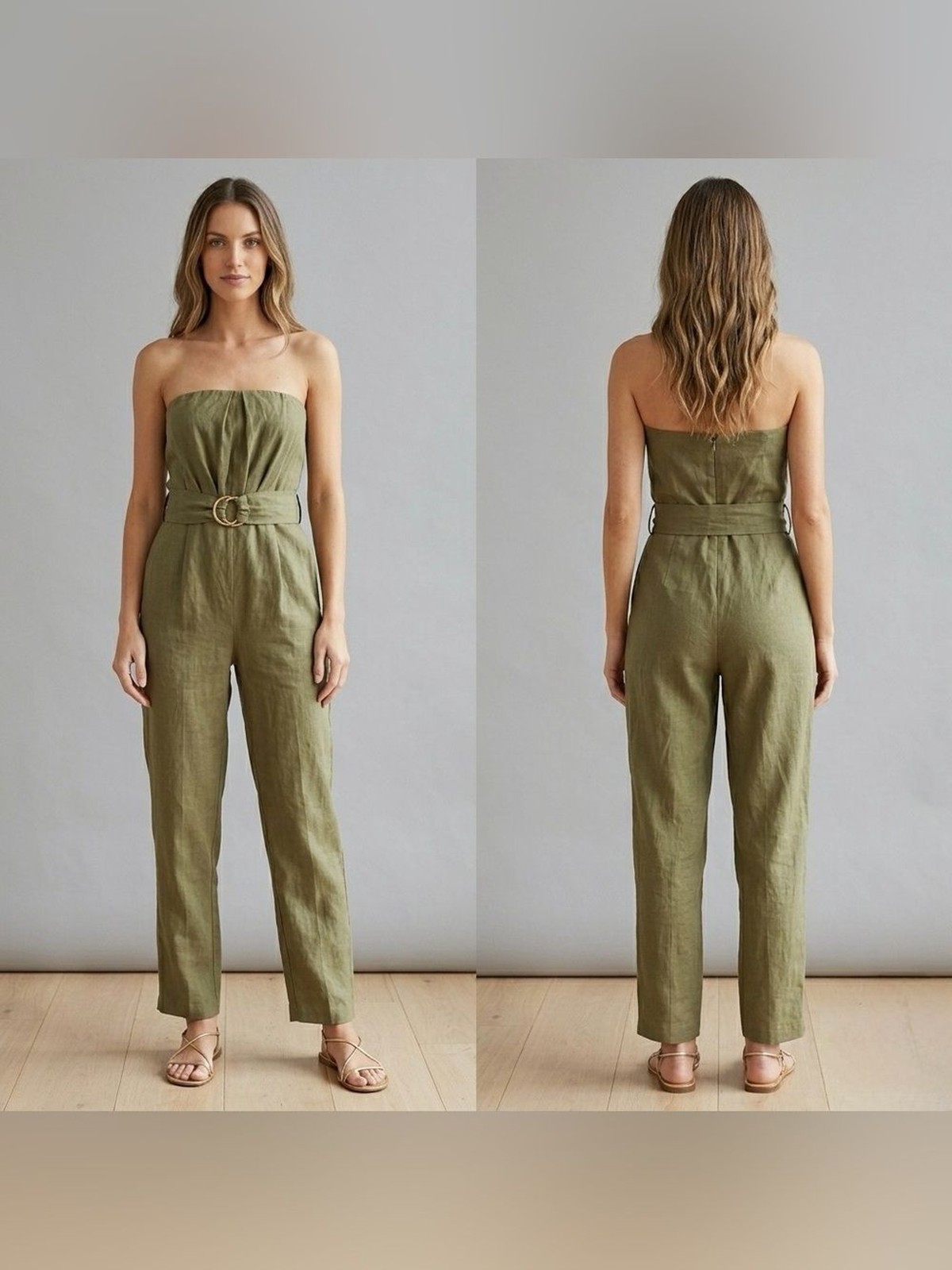 NWT Zara Women’s Textured Belted Olive Strapless Jumpsuit with Pockets Size M