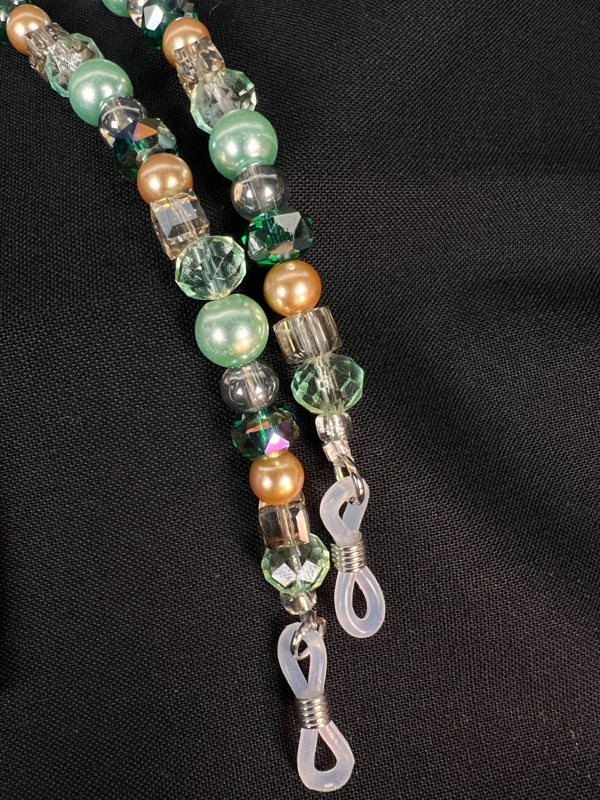Handmade Eyeglass Chain: Crystal Glass Beads, Green, Tan