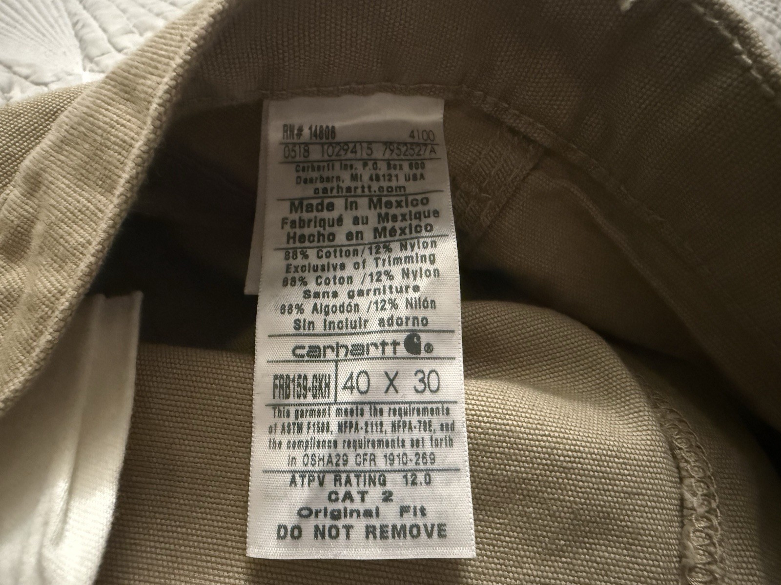 Carhartt FR Flame Resistant Canvas Cargo Workwear Pants Men 40 X 30 Tan Pockets