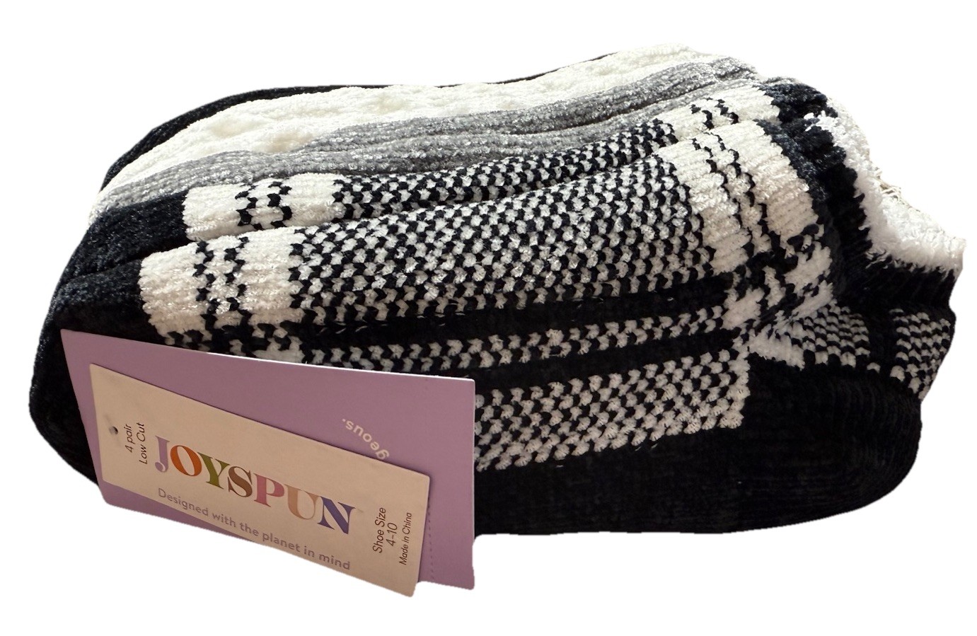 Joyspun Women’s Cozy Ankle Socks, 4-Pack, Fits Shoe Sizes 4-10, Black White Gray