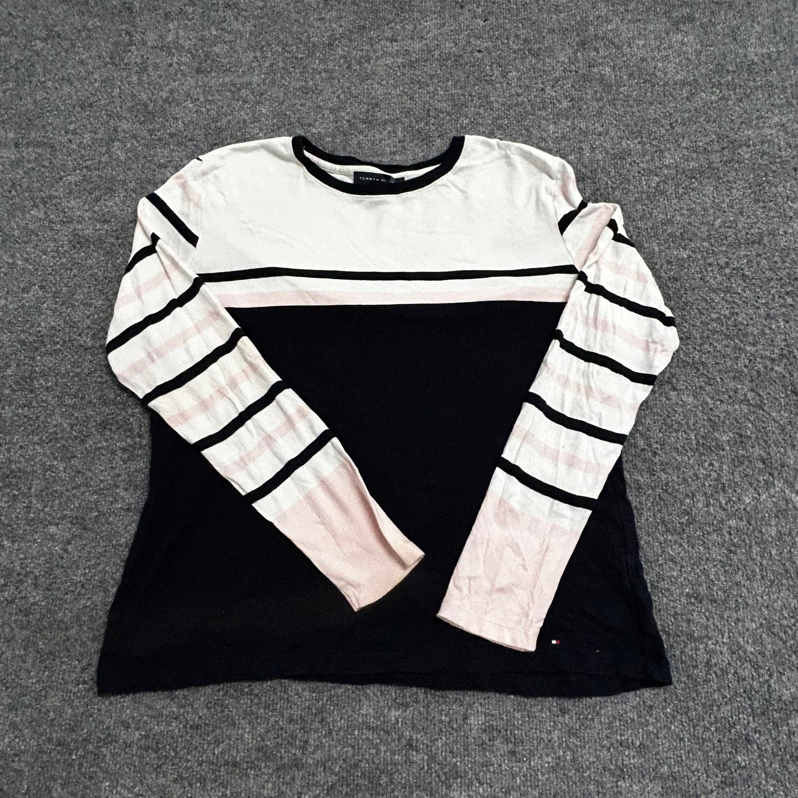 Tommy Hilfiger Shirt Womens XL Navy Blue White Pink Striped Long Sleeve