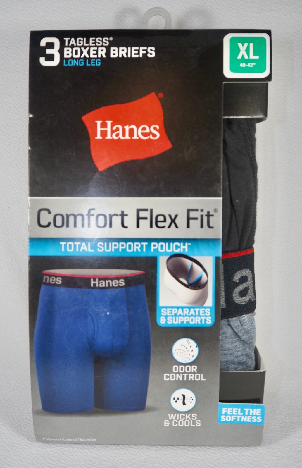 XL 40-42″ Hanes 3 Pack Tagless Boxer Briefs Long Leg Comfort Flex Fit