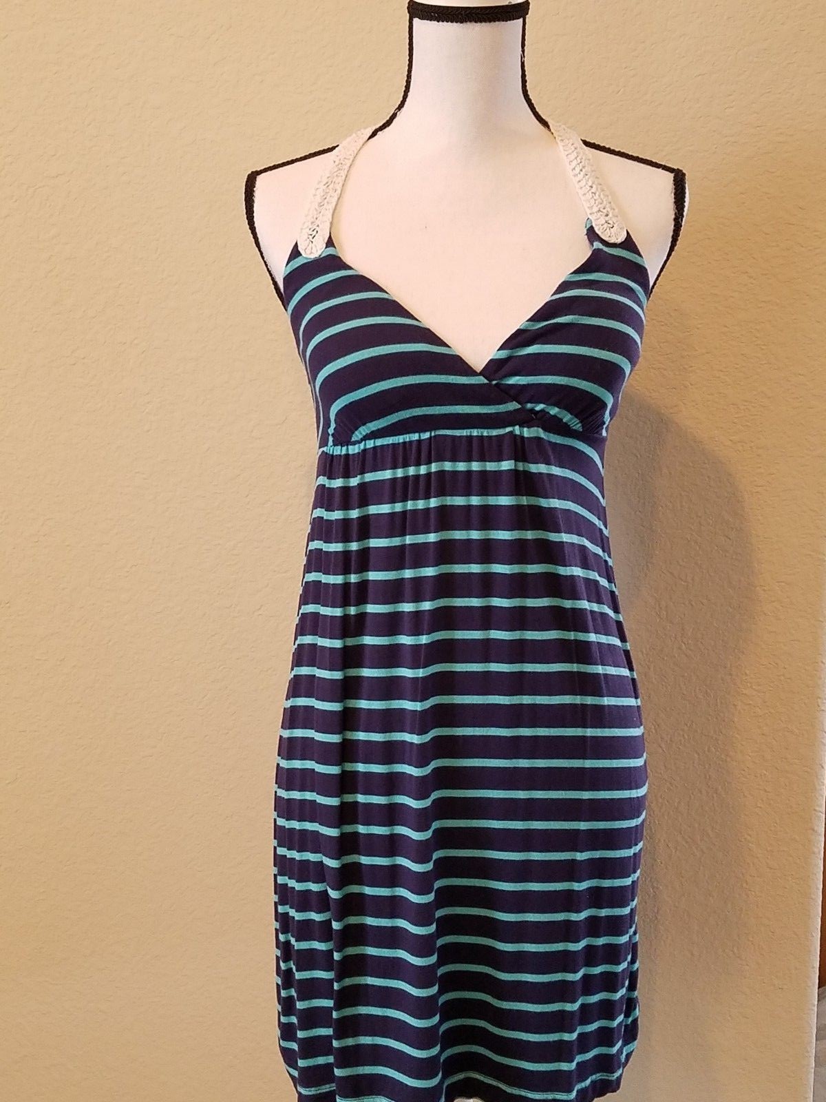 PINK REPUBLIC Navy Blue & Teal Striped Embroidered Razor Back Mini Dress Size XS