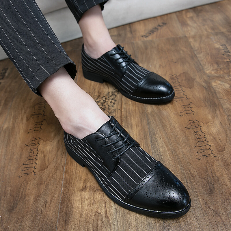 Mens Brogues Striped Pointy Toe Lace Up Oxfords British Formal Party Dress Shoes