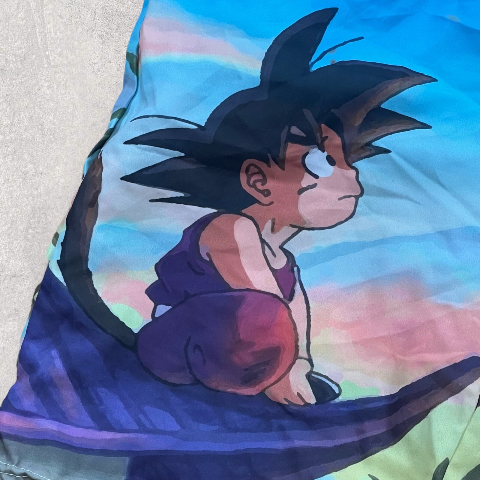 Dragon Ball Z Shorts Mens 26 Blue Ombré Swim Trunks Elastic Waist Goku Palm Tree