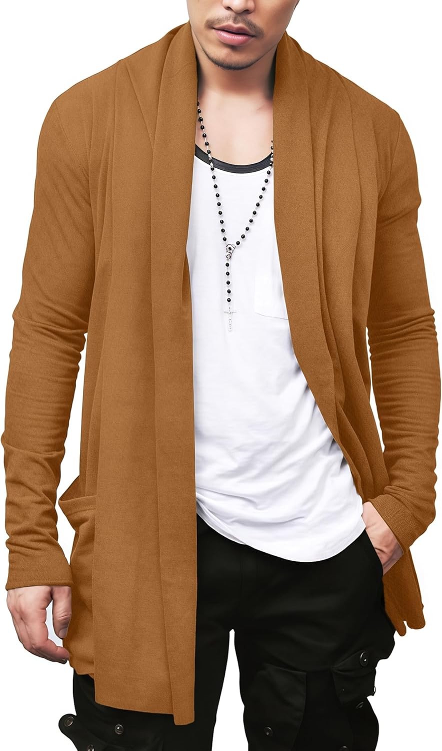Men’s Lightweight Open Front Cardigan Longline Drape Sweater with Pockets Shawl