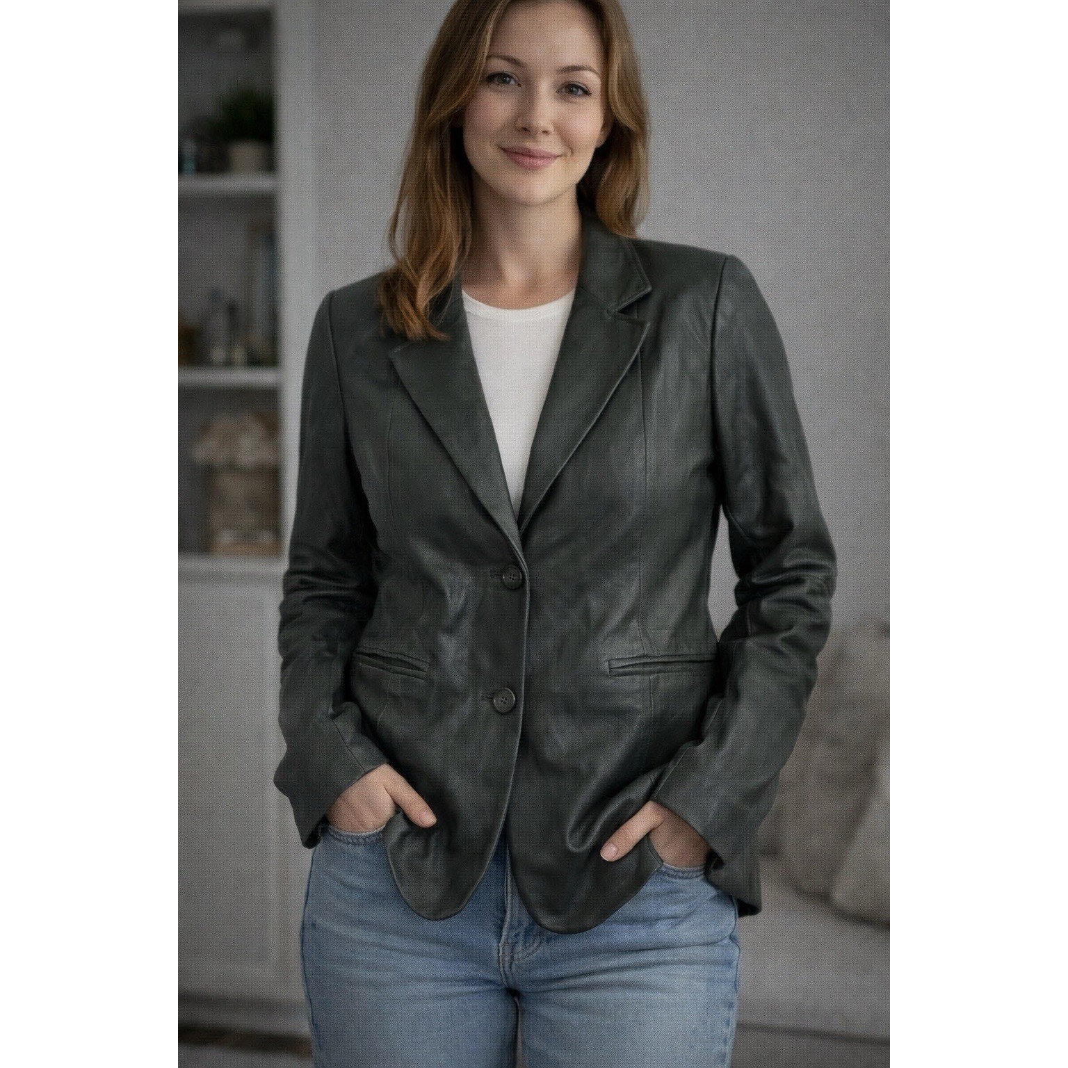 Denim & Co Women 1X Green Genuine Leather Blazer Jacket Two Button Coat RN 81893