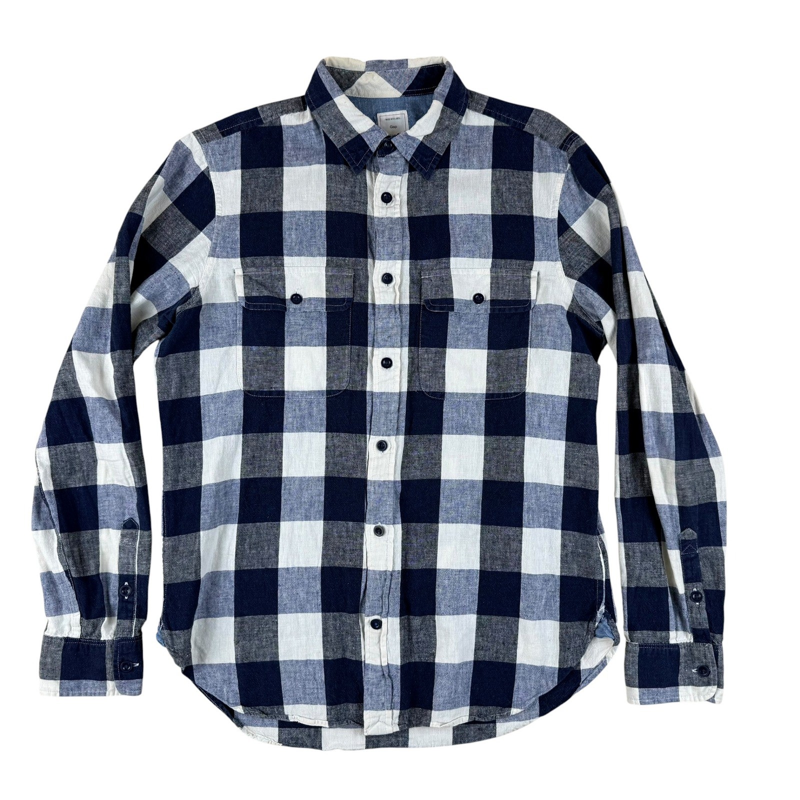 Gap Medium Shirt Buffalo Check Coastal Linen Cotton Pocket Button Down