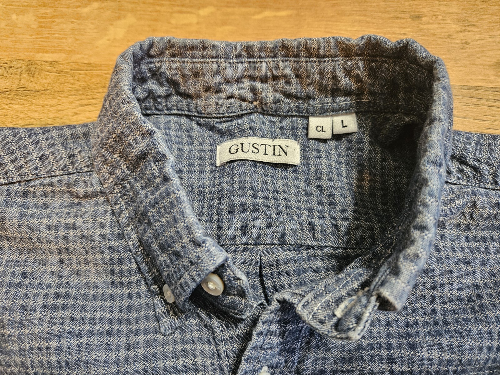 GUSTIN classic fit large INDIGO DYE CONE DENIM JACQUARD 6oz fabric shirt USA