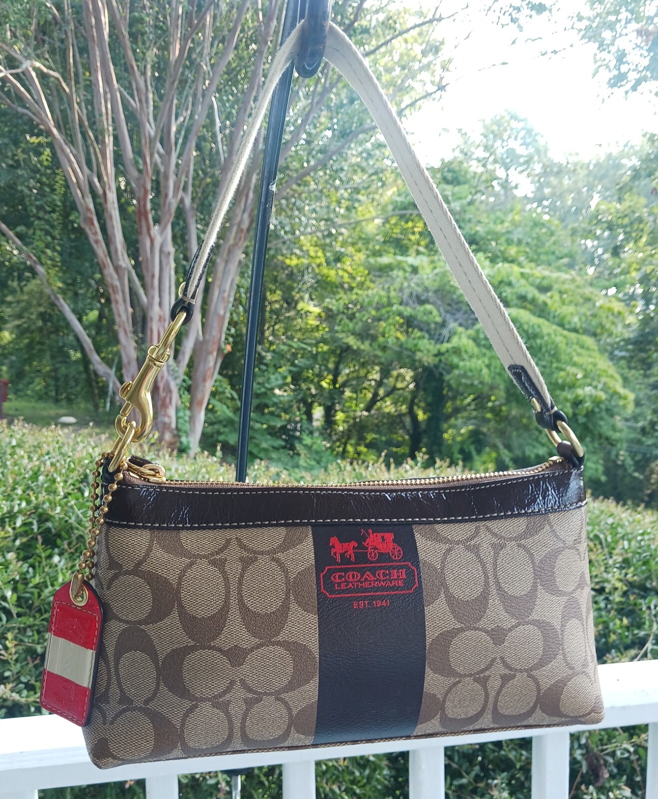 Coach 11562 Signature C Beige Coated Canvas & Patent LeatherBaguetteShoulder Bag