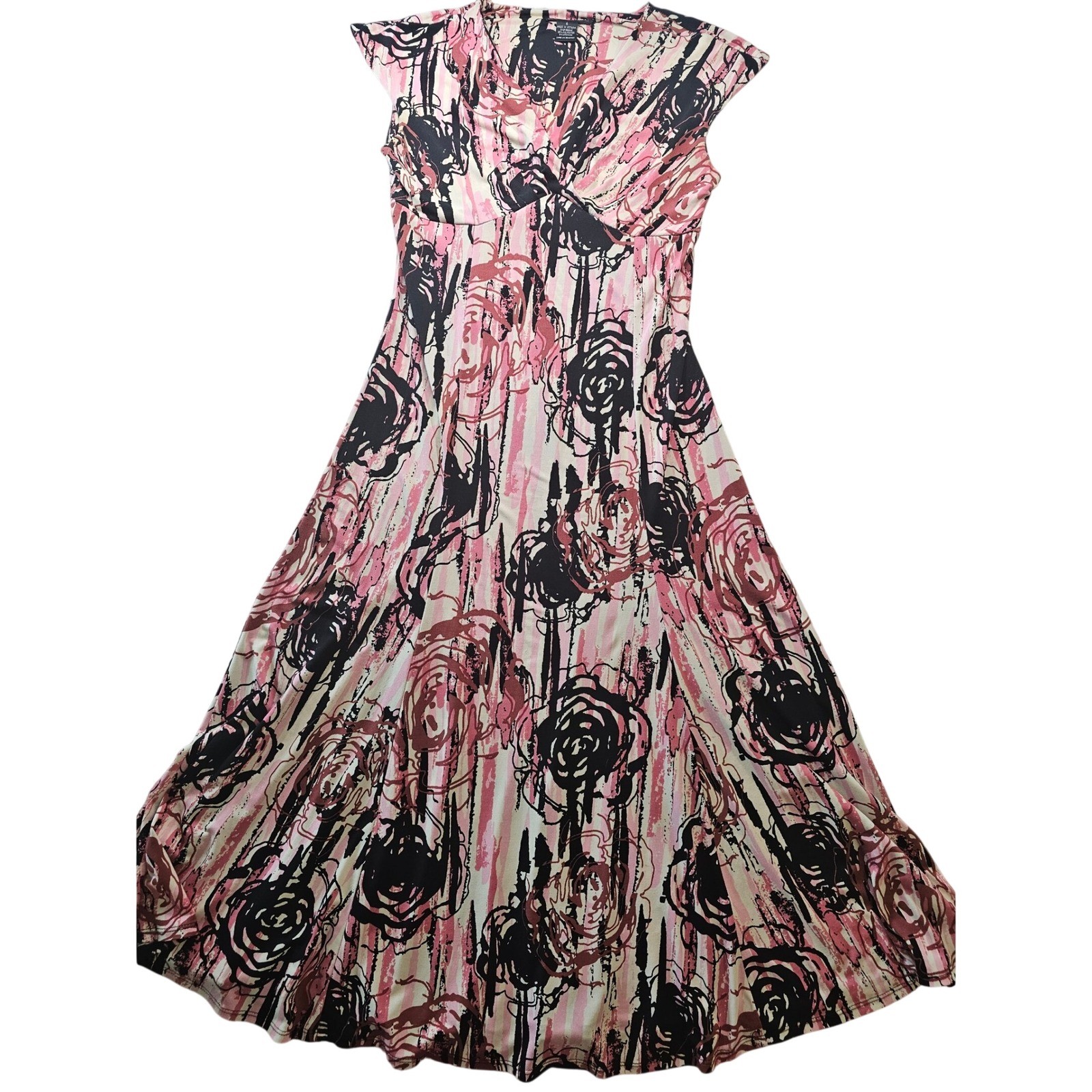 Glamour Pink Black Abstract Floral Stripe V-Neck Empire Waist Midi Dress Size 6
