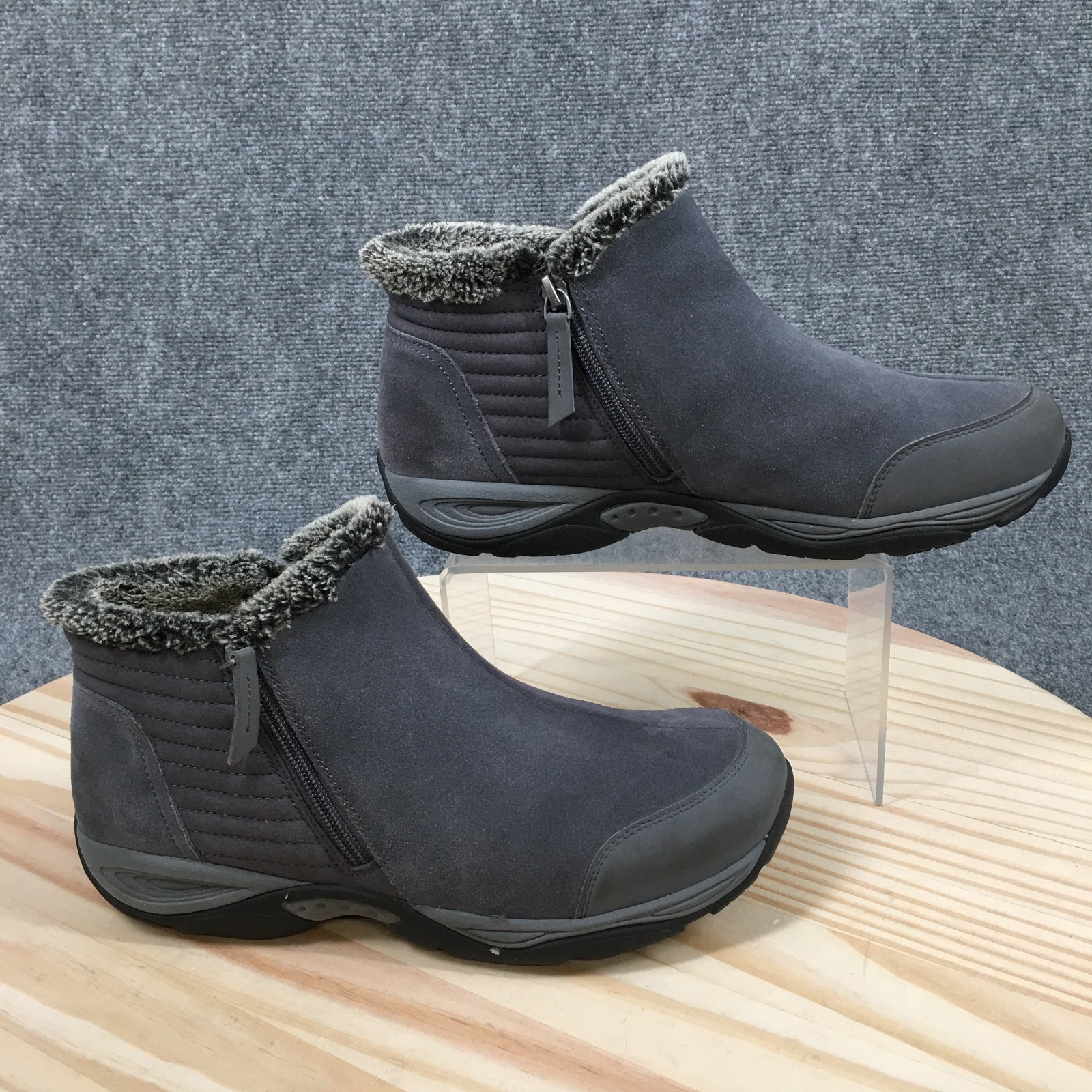 Easy Spirit Elinot Boots Womens 9.5 WW Faux Fur Trim Side Zip Ankle Bootie Gray