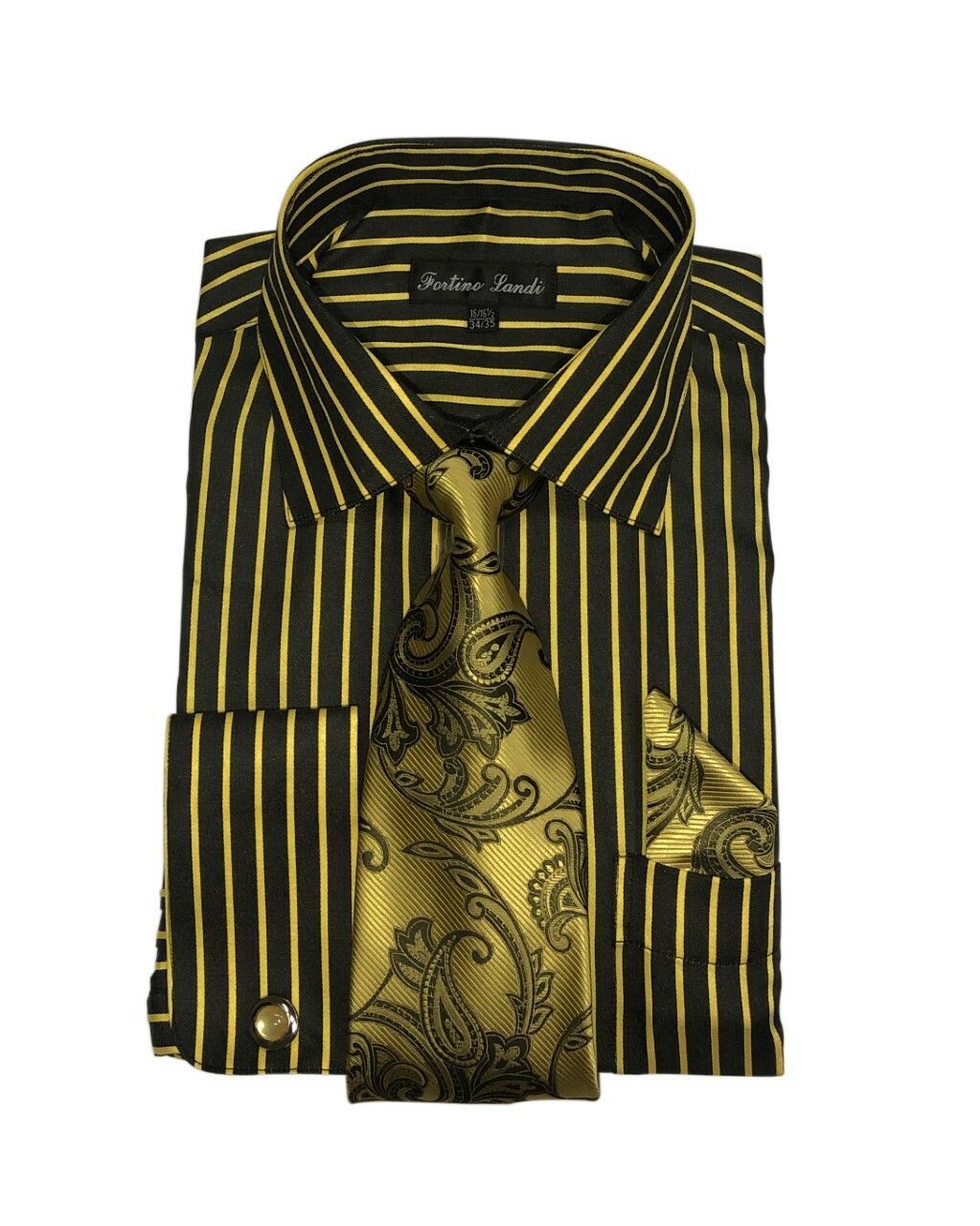 Men’s Striped Dress Shirt with Tie + Handkerchief, French Cuff Links New