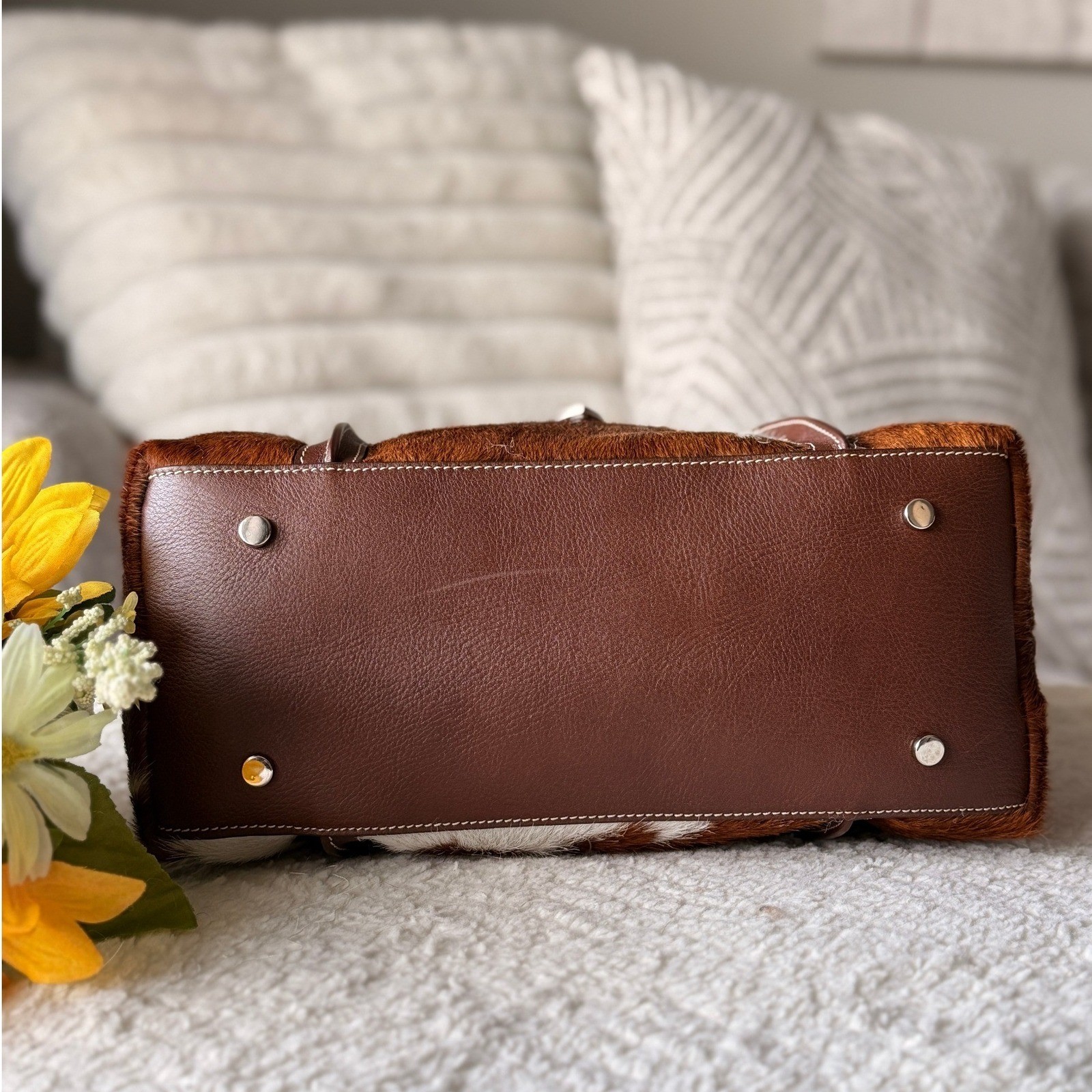 Cavalcanti Cowhide Leather Tote Bag Brown White Made in Italy Western Buckle NEW