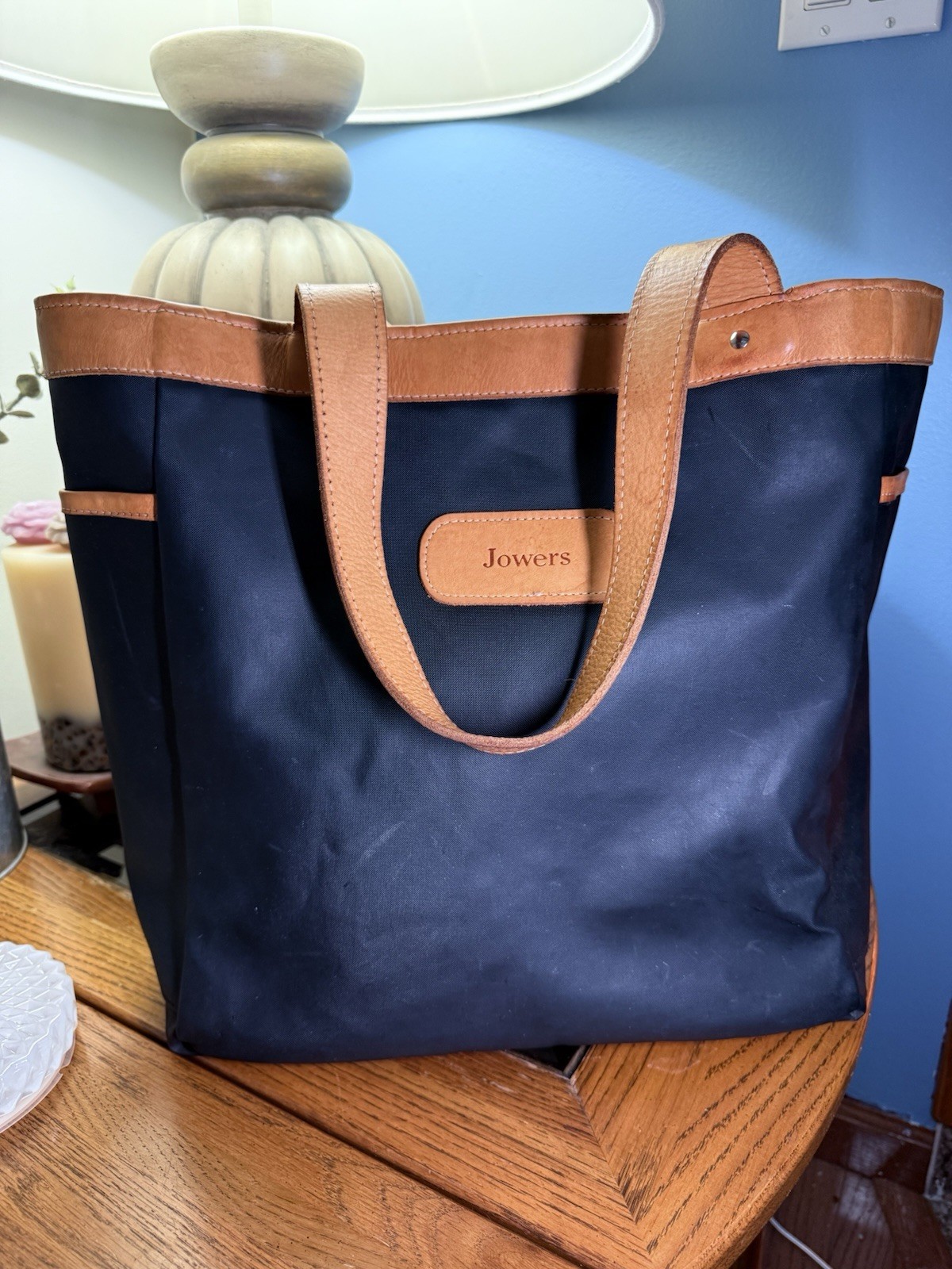 Jon Hart Design Navy Canvas Leather Large Tote Bag Travel Carryall Personalized