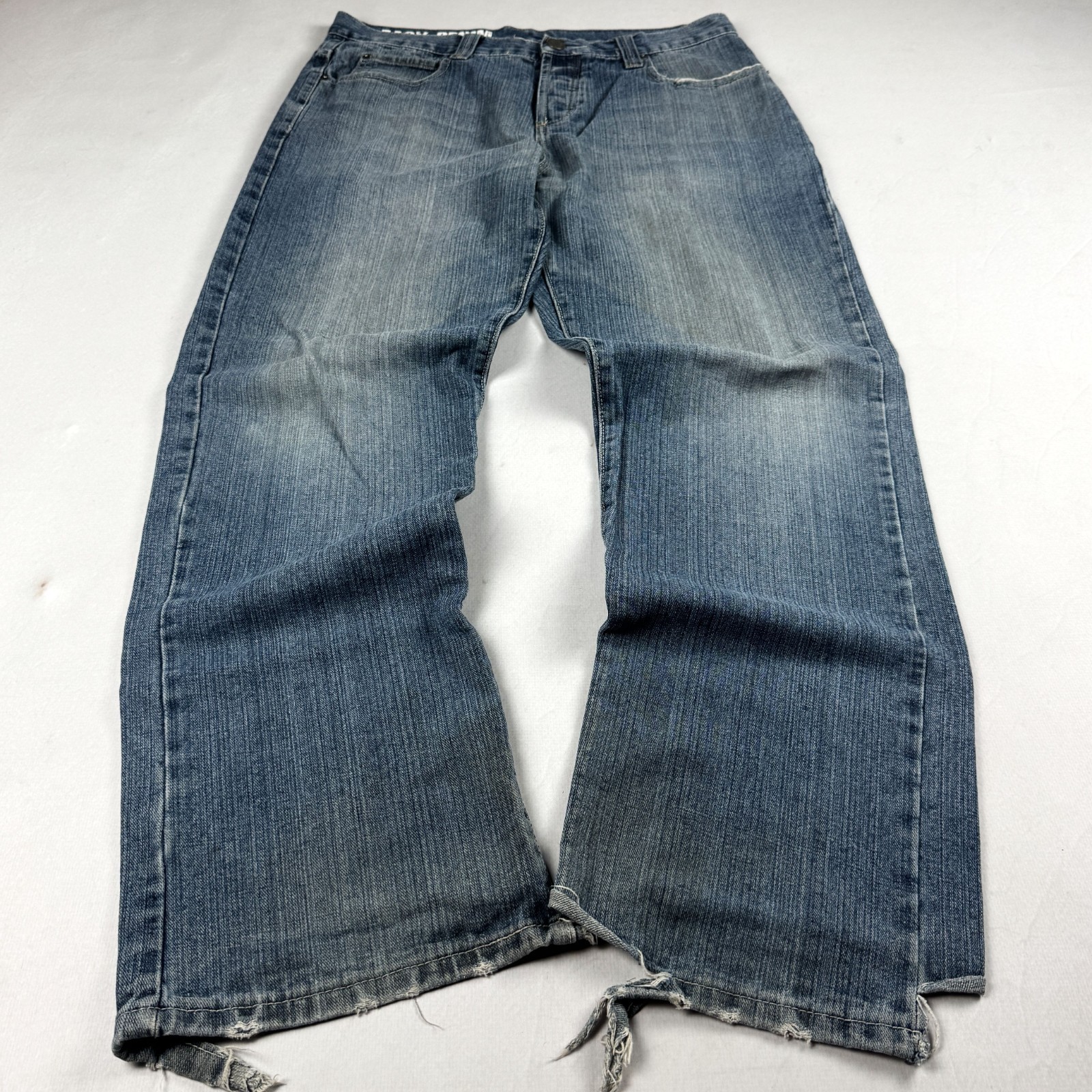 Mens Vintage Y2K Straight Blue Denim Jeans Distressed Hem Baggy Skater Pants