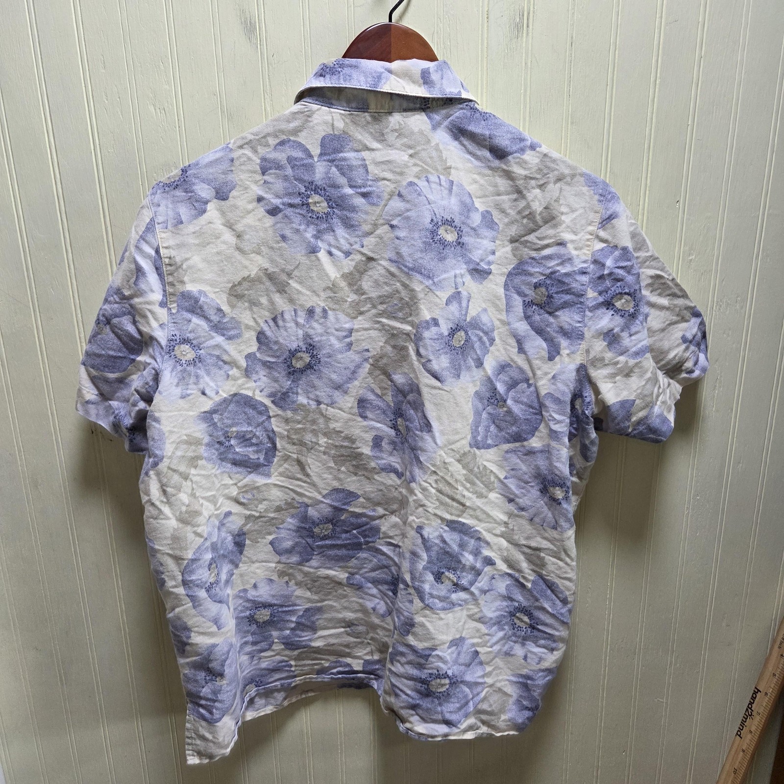 Lemon Grass Button Up Shirt Womens L Blue Collared Short Sleeve Floral Top