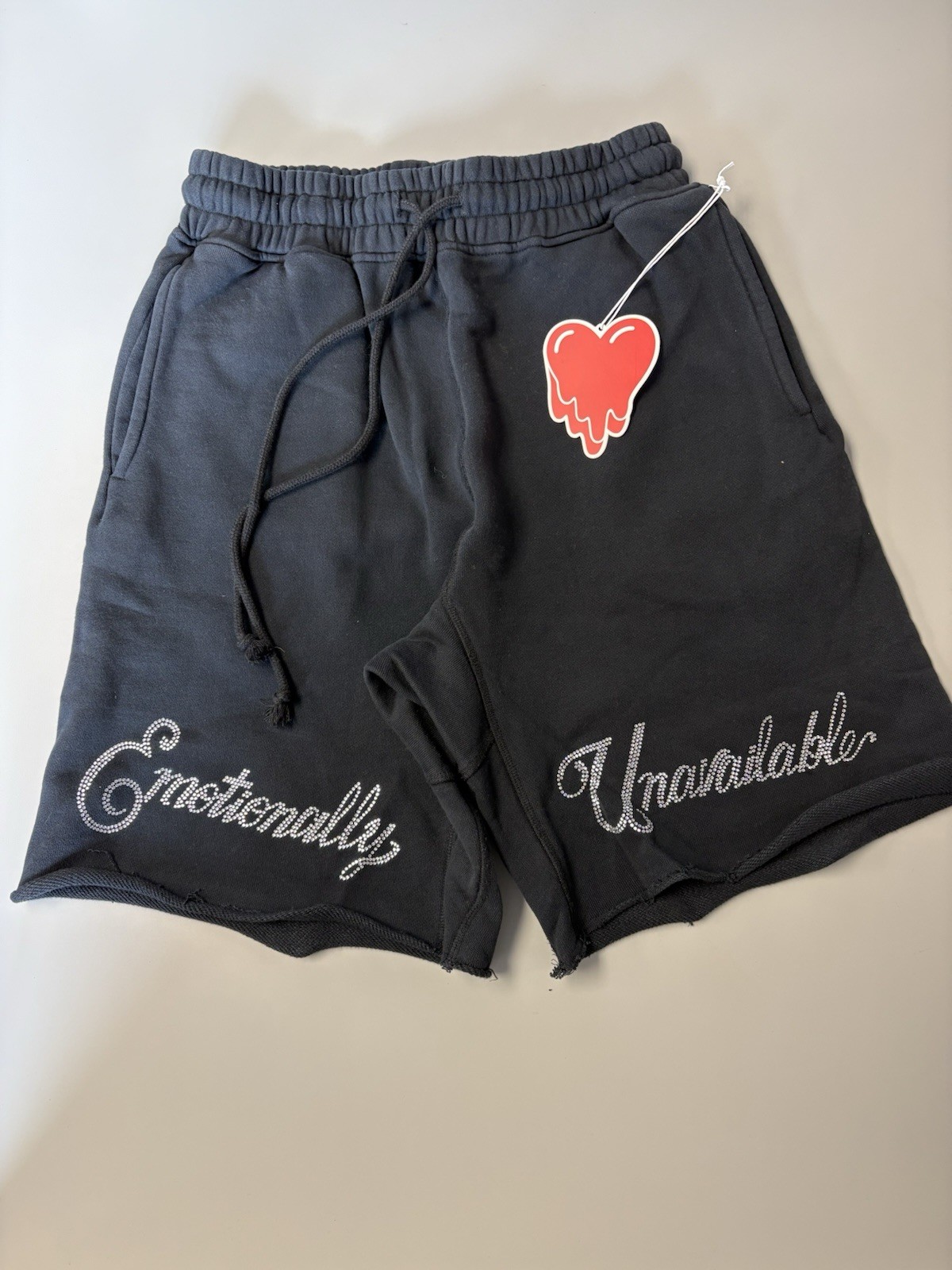 Emotionally Unavailable Rhinestone Logo Sweat Shorts Black Men’s Small NWT