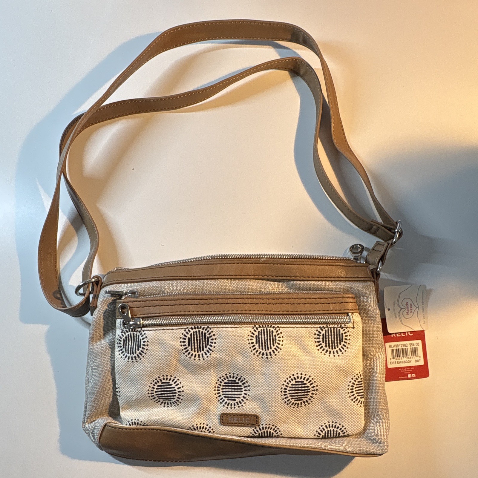 Relic Beige Brown Geometric Medium Crossbody Bag Zip, Detachable Strap Pockets