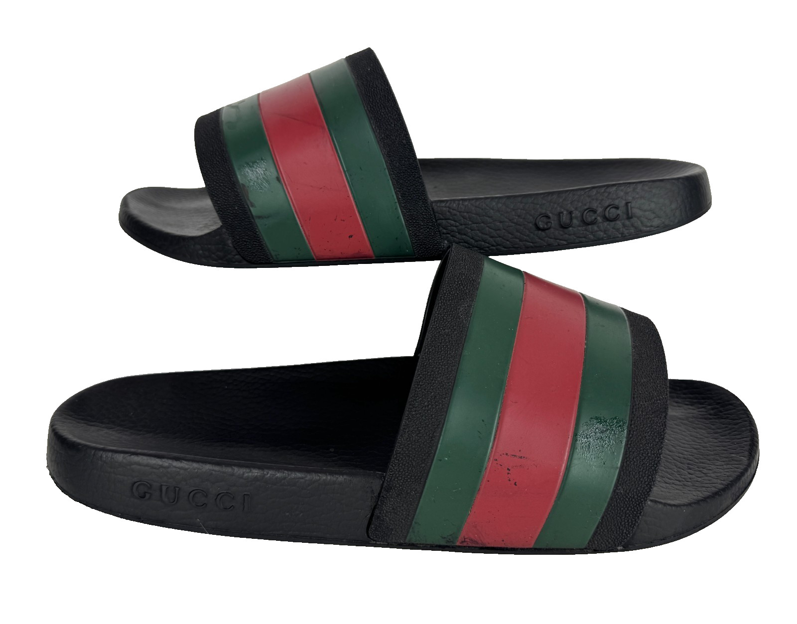 $510 Gucci Auth Men Black Web Rubber Pool Slides 9.5 US 9 UK 43 EU Sandals Shoes