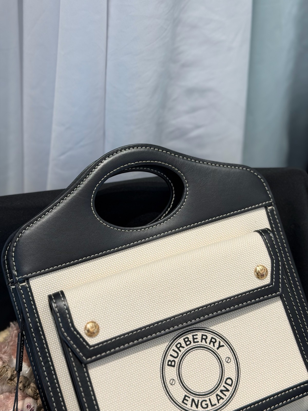 Burberry Pocket Bag Small Beige&Black Canvas Calfskin 3-Way Crossbody Shoulder B
