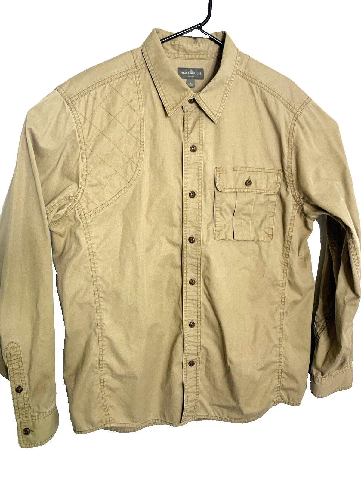 LL Bean Signature Men L Khaki Shirt Work Hunt Quilted Shoulder Slim Fit Safari