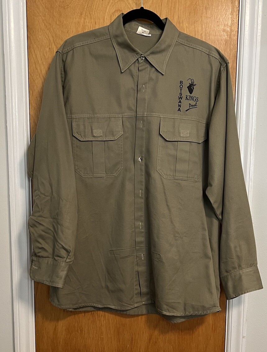 Made In Africa Kings Pool Safari Shirt Mens Large Button Up 100% Cotton Khaki