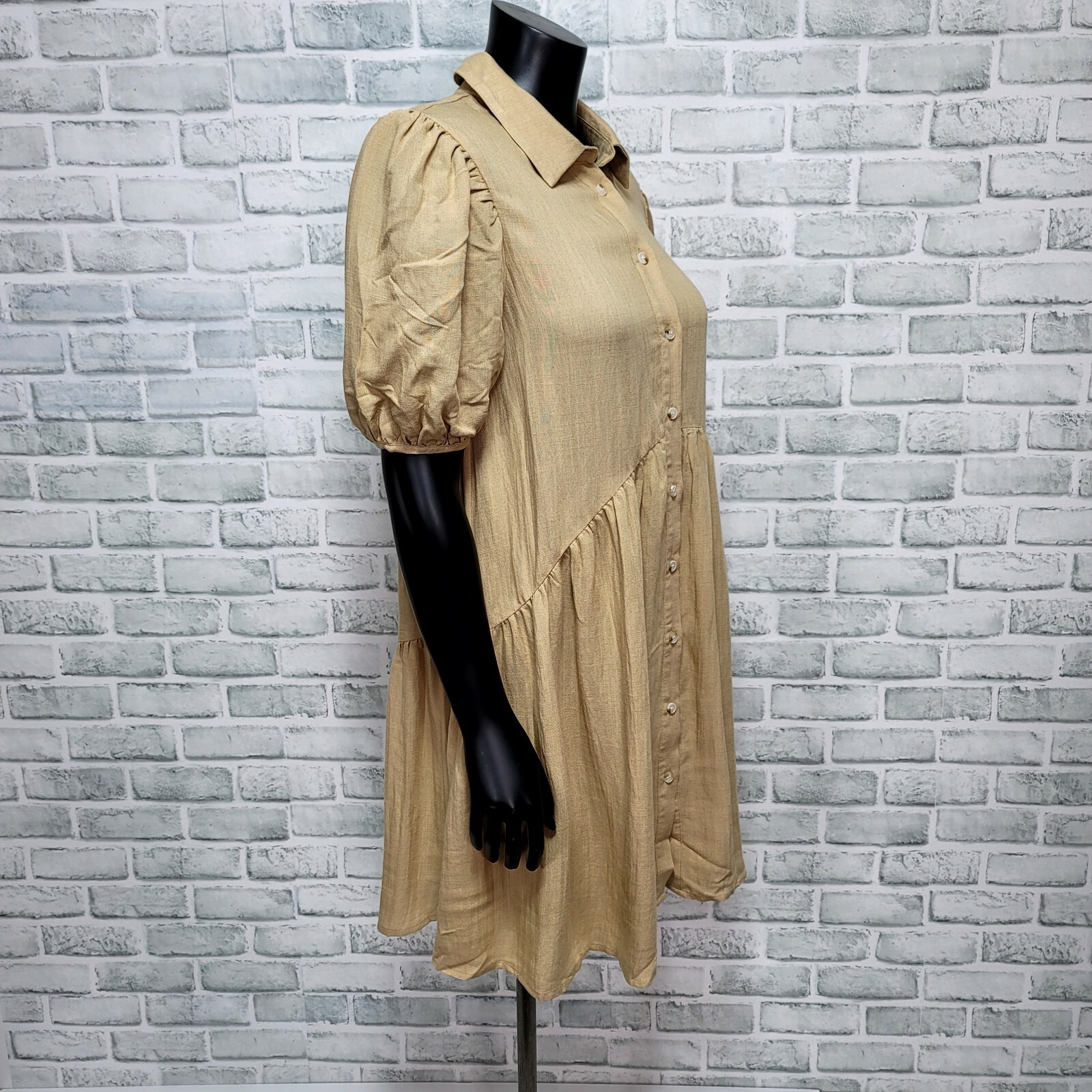 Nasty Gal Size S Beige Puff Sleeve Smock Mini Shirt Dress Button Up Lightweight
