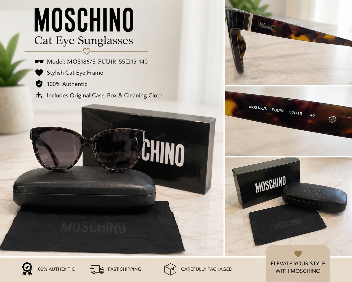 Moschino MOS066/S FUUIR Tortoise Cat Eye Sunglasses w/ Case Box Authentic