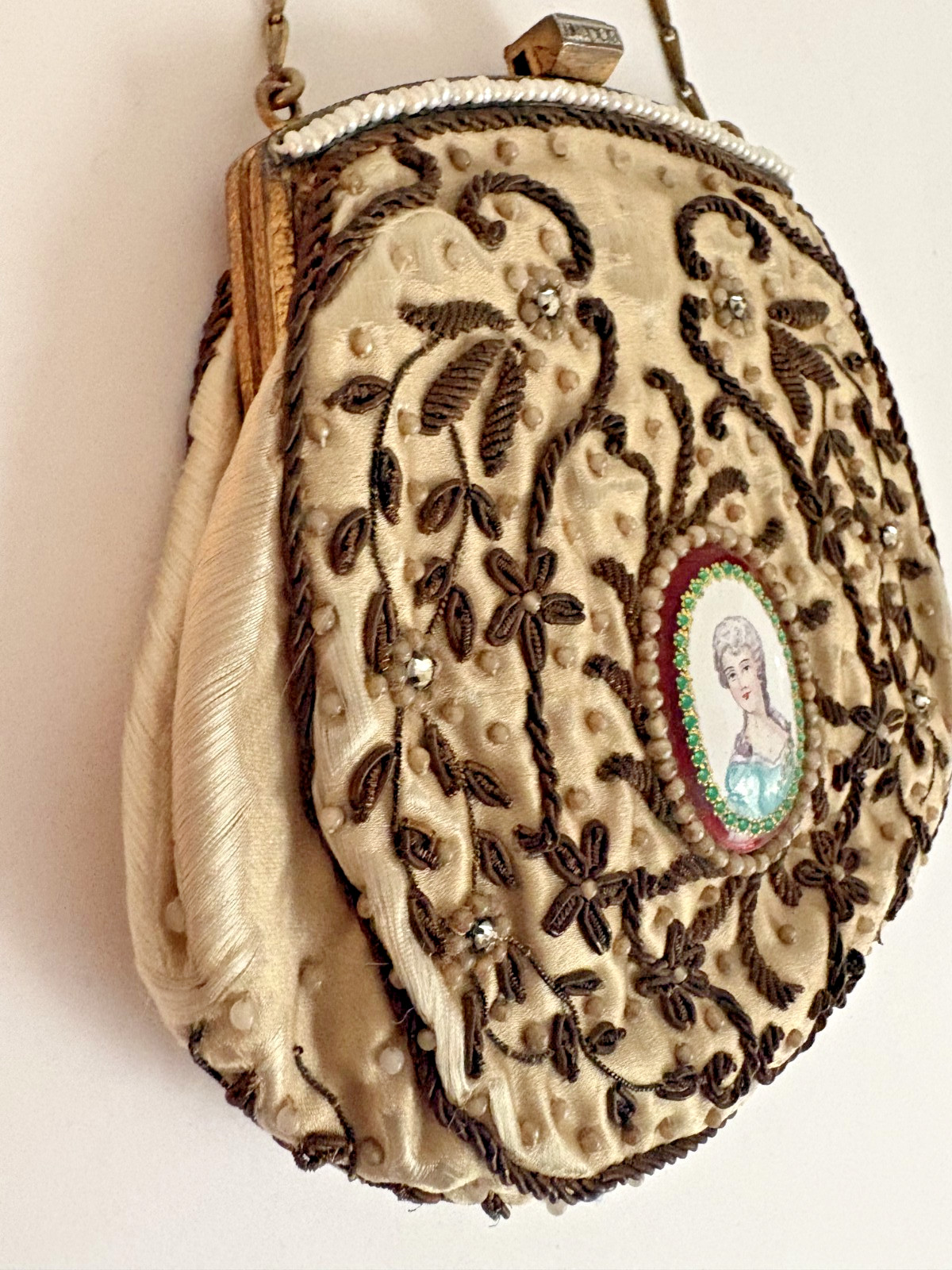 French Victorian Cameo TRINITY BAG Copper Beaded w/Pearls/Copper Metallic Thread