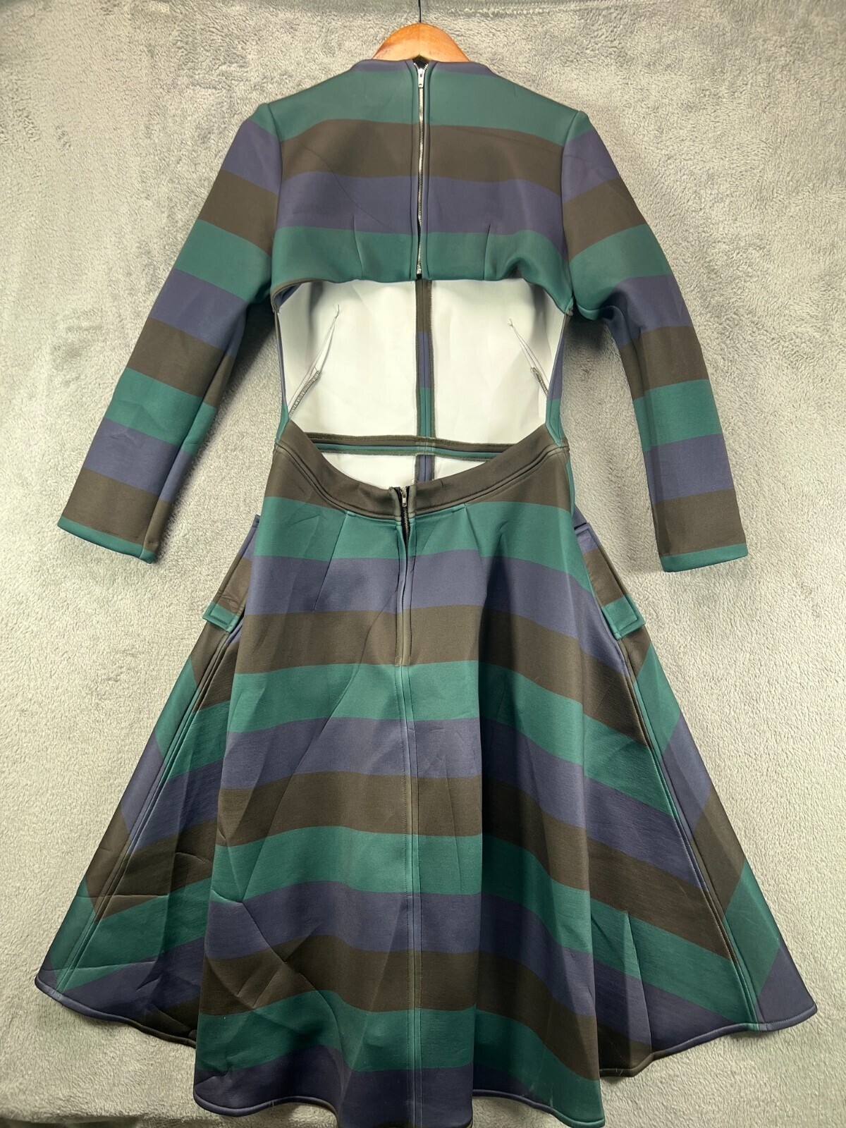HAODUOYI Juniors 2XL Dress Green Stripe A Line Flare Open Back Long Sleeve NWT