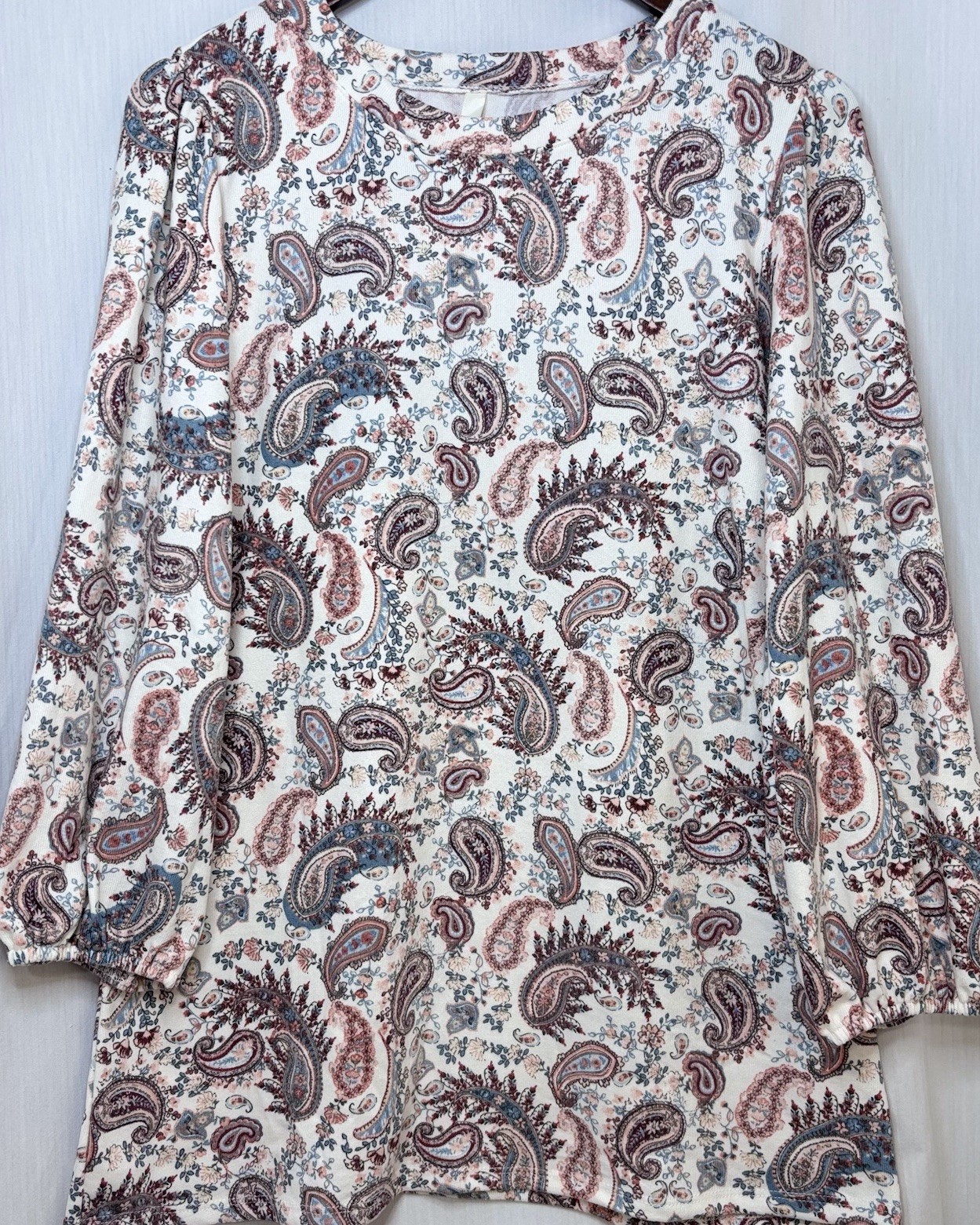 Celeste Paisley Babydoll Tunic Top Womens Large Ivory Pink Blue Long Sleeve