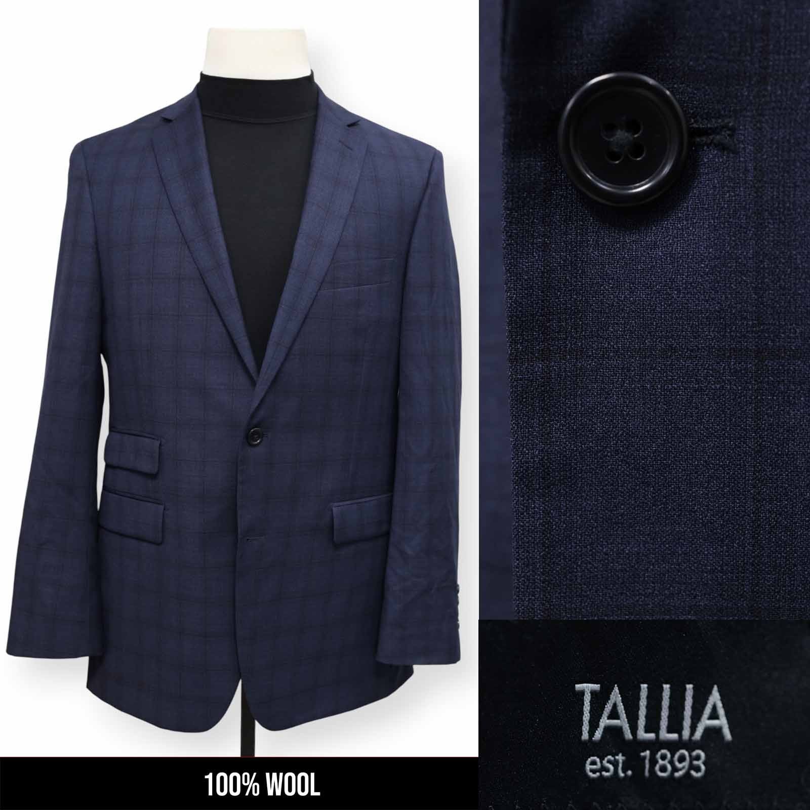 TALLIA mens blue PLAID 100% WOOL sport coat suit jacket blazer 40 R