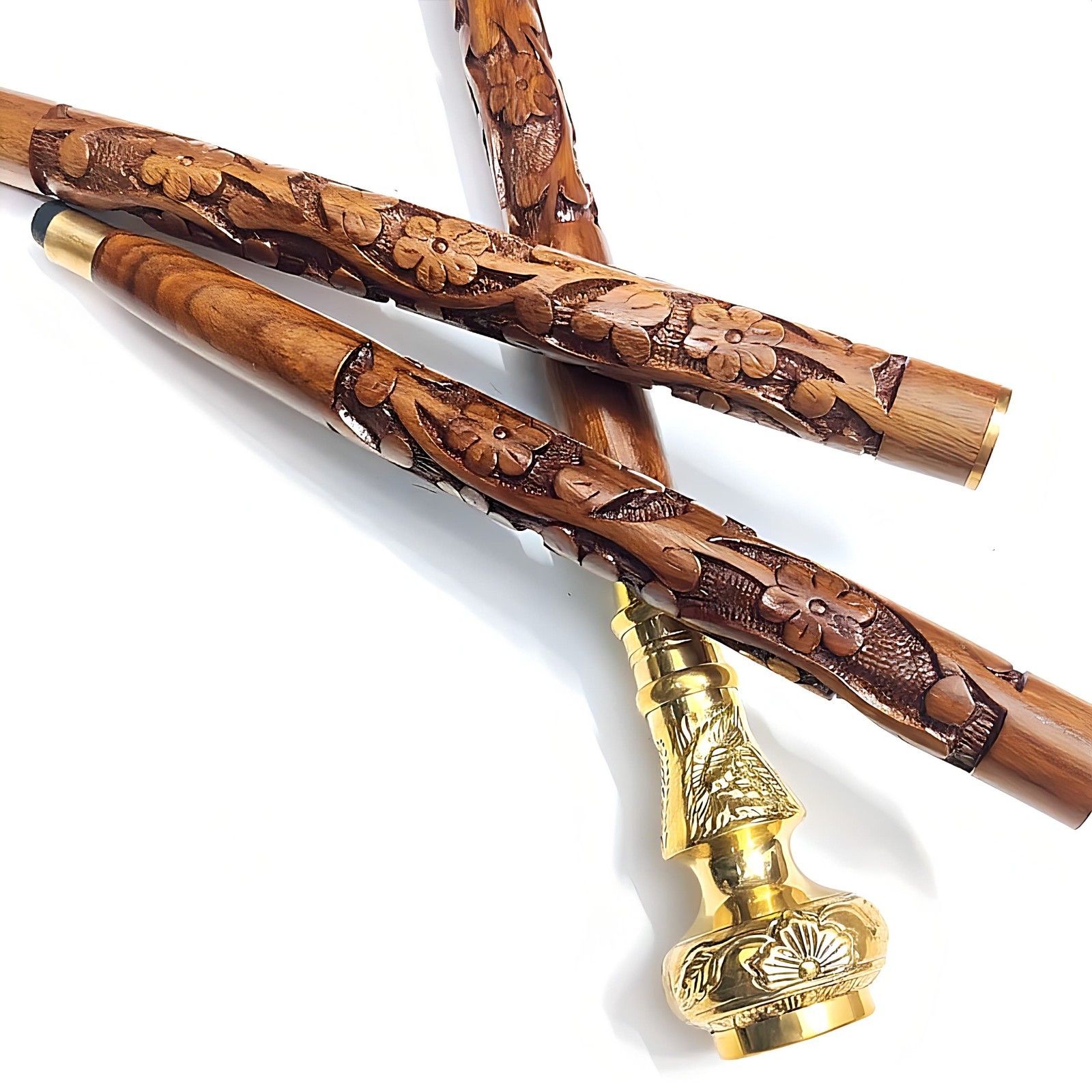 Handmade Wooden Walking Cane Compass Handle Floral Carved Hiking Stick Gift 36