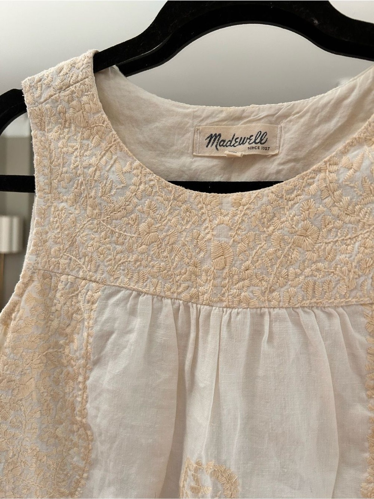 Madewell White 100% Linen Tank Dress with Light Beige Embroidery Accents