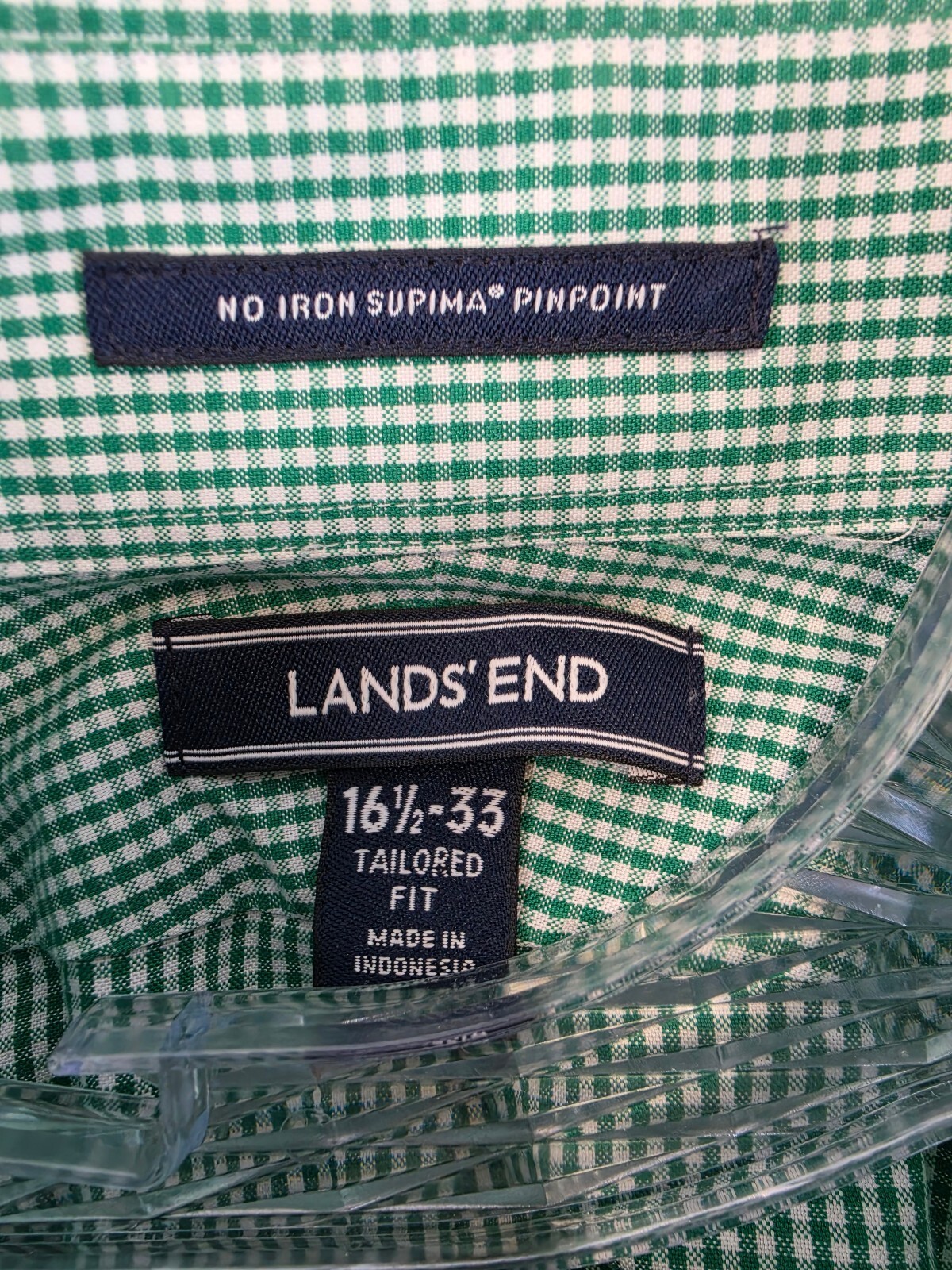 Lands’ End Men’s Green Gingham No Iron Supima Cotton Dress Shirt, Size 16½-33