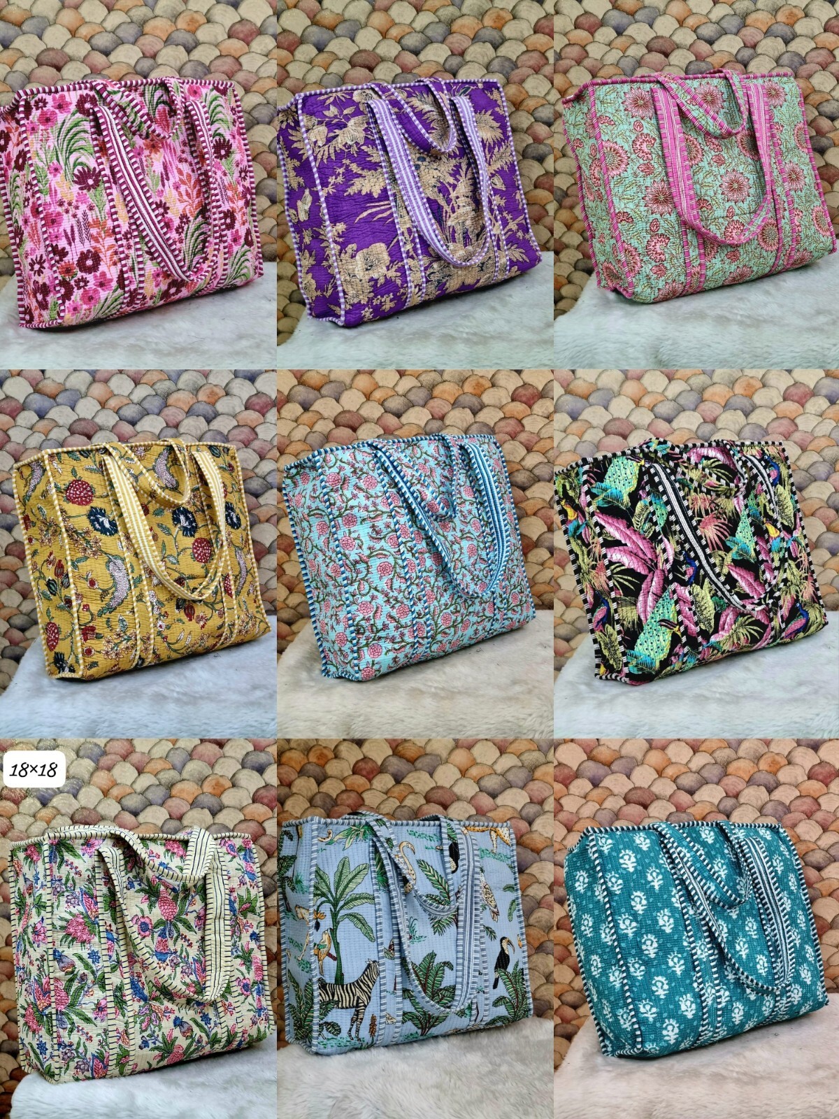 Assorted Pack Boho Quilted Cotton Printed Reversible Tote Bags Shopping Bag