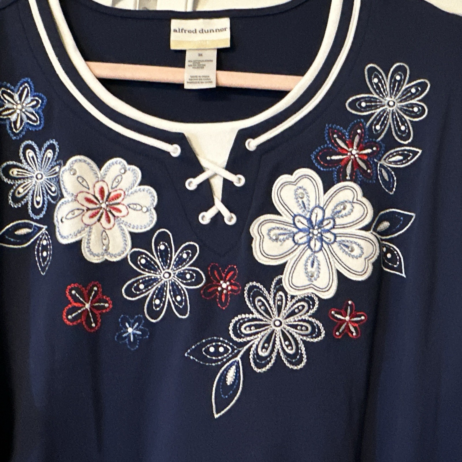 Alfred Dunner 3X Navy/White/Red Floral Embroidered Knit V-Neck Sh Sleeve Top NWT