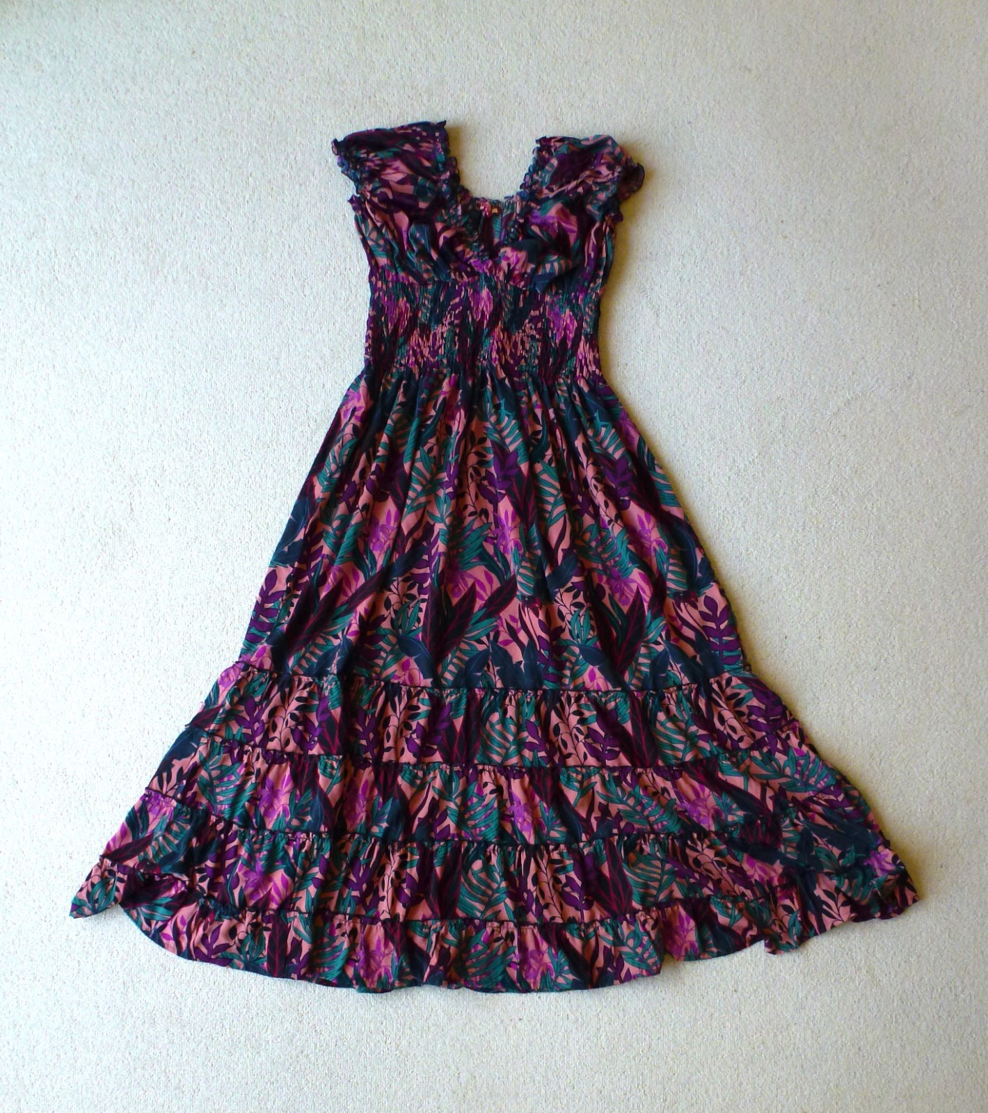 Joe Browns Size 14 Long Mid Axi Tiered Fit and Flare Dress Pink Green Floral