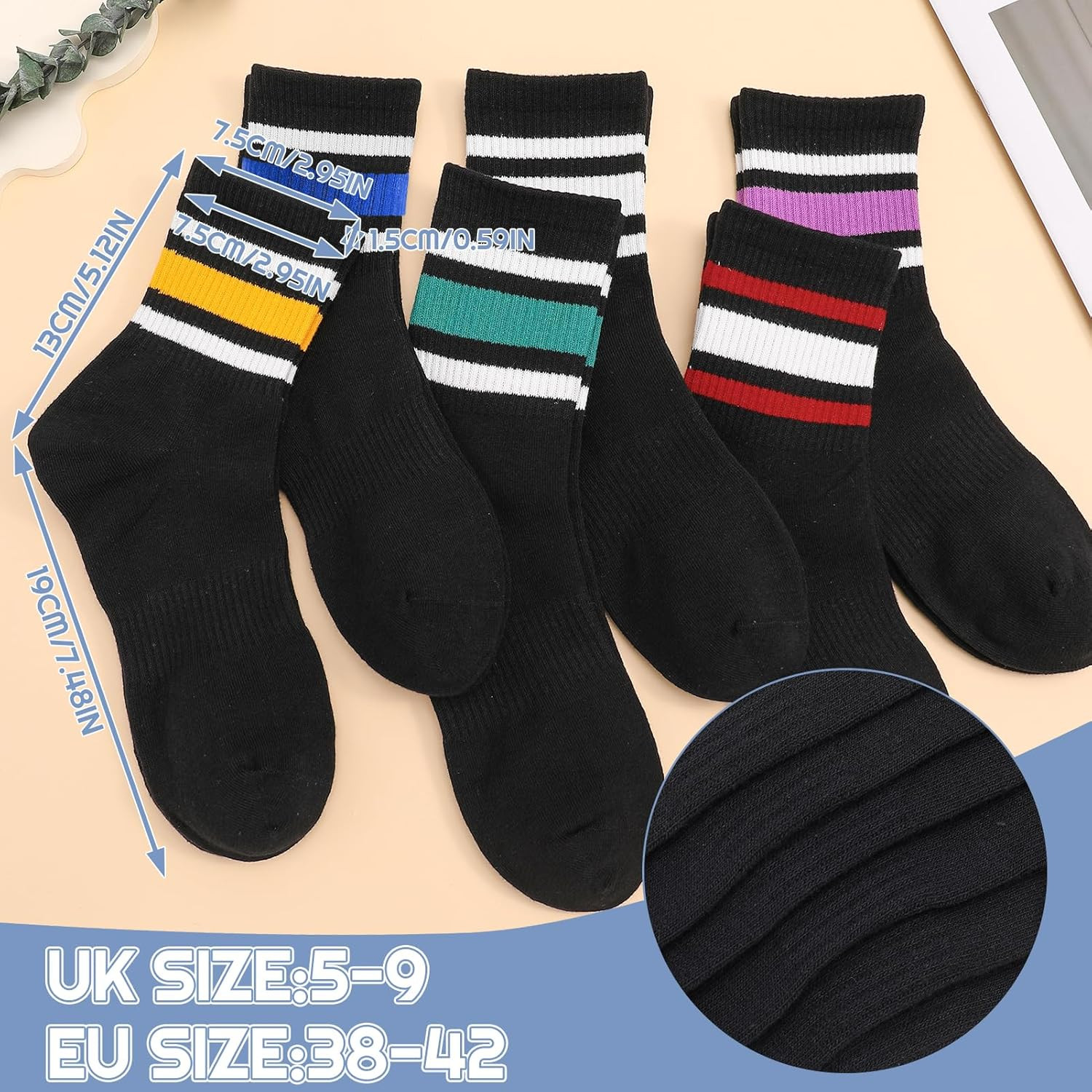 6 Pairs Retro Stripe Tube Socks Classic Athletic Sport Running Crew Casual Cotto